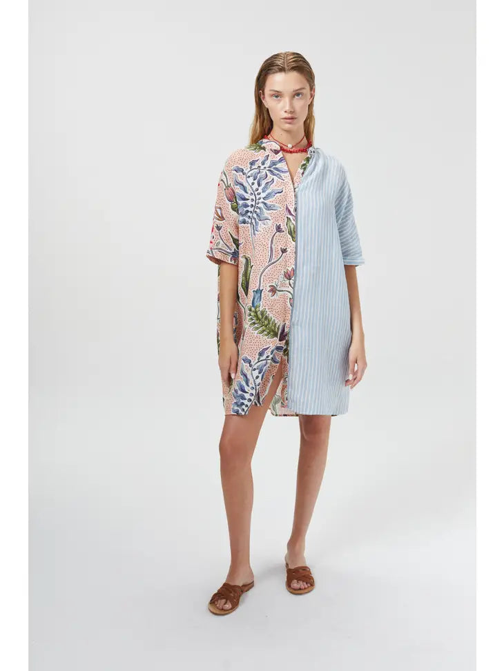 LIGHTHOUSE LINEN SHIRT DRESS - MARRAKECH GARDENS, TANGIER AND BLUE STRIPES