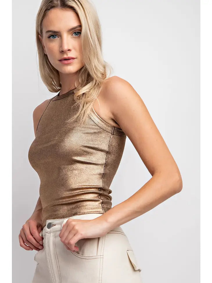 Metallic Coated Ribbed Knit Sleeveless Top