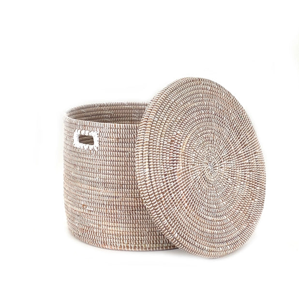 Senegalese Basket: Low Storage Flat Lid - White (18" Wide X 13.5" Tall)