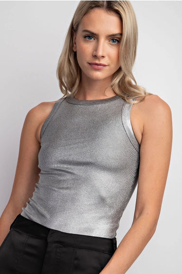 Copy of Metallic Coated Ribbed Knit Sleeveless Top