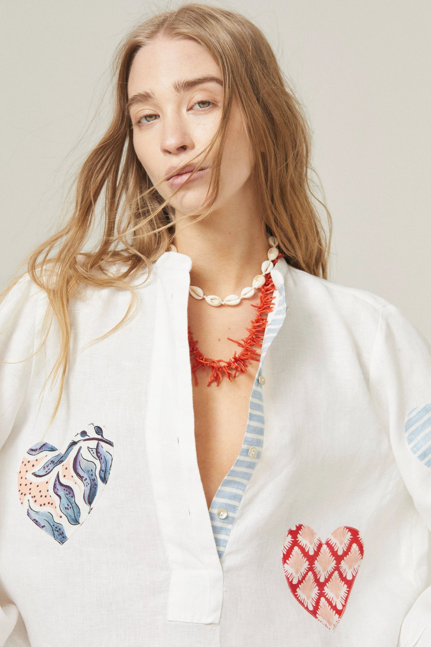 Cupid Linen Shirt - Off-White with Hearts in Varied Prints