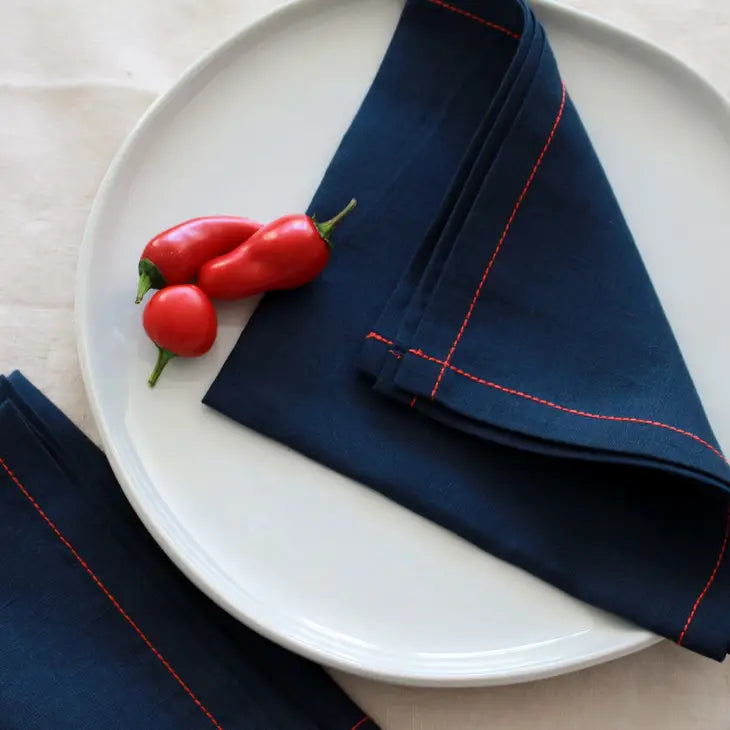Navy Linen Napkins with Red Stitch, Set of 4