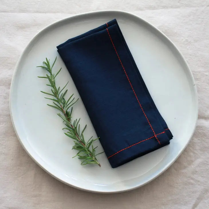 Navy Linen Napkins with Red Stitch, Set of 4