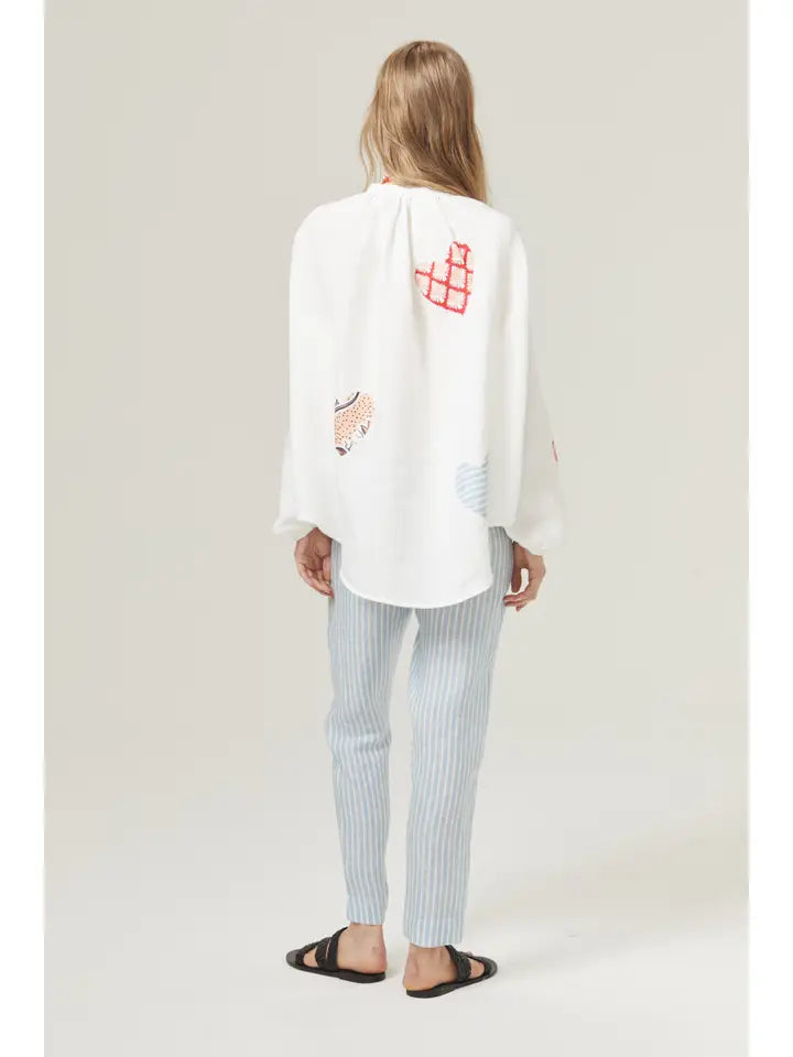 Cupid Linen Shirt - Off-White with Hearts in Varied Prints