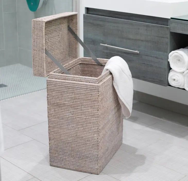 Rattan Rectangular Hamper with Hinged Lid- White Wash