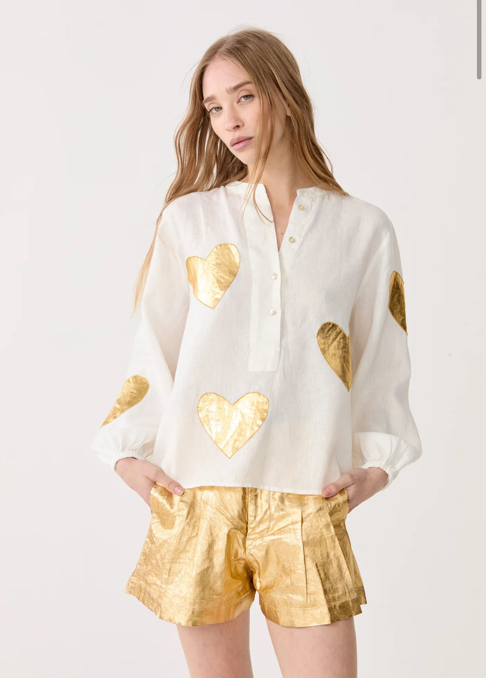 Linen Shirt - Off-White w/ Gold Hearts