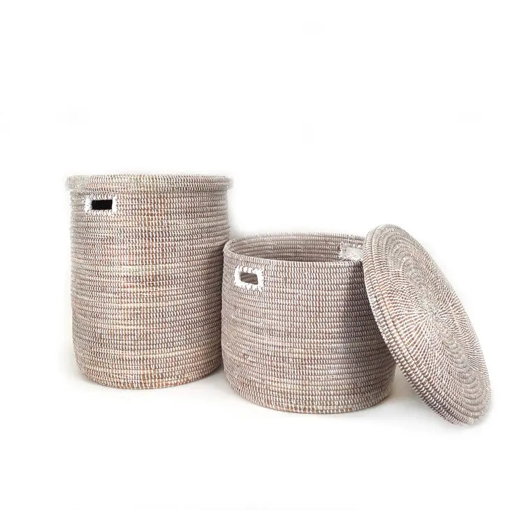 Senegalese Basket: Low Storage Flat Lid - White (18" Wide X 13.5" Tall)