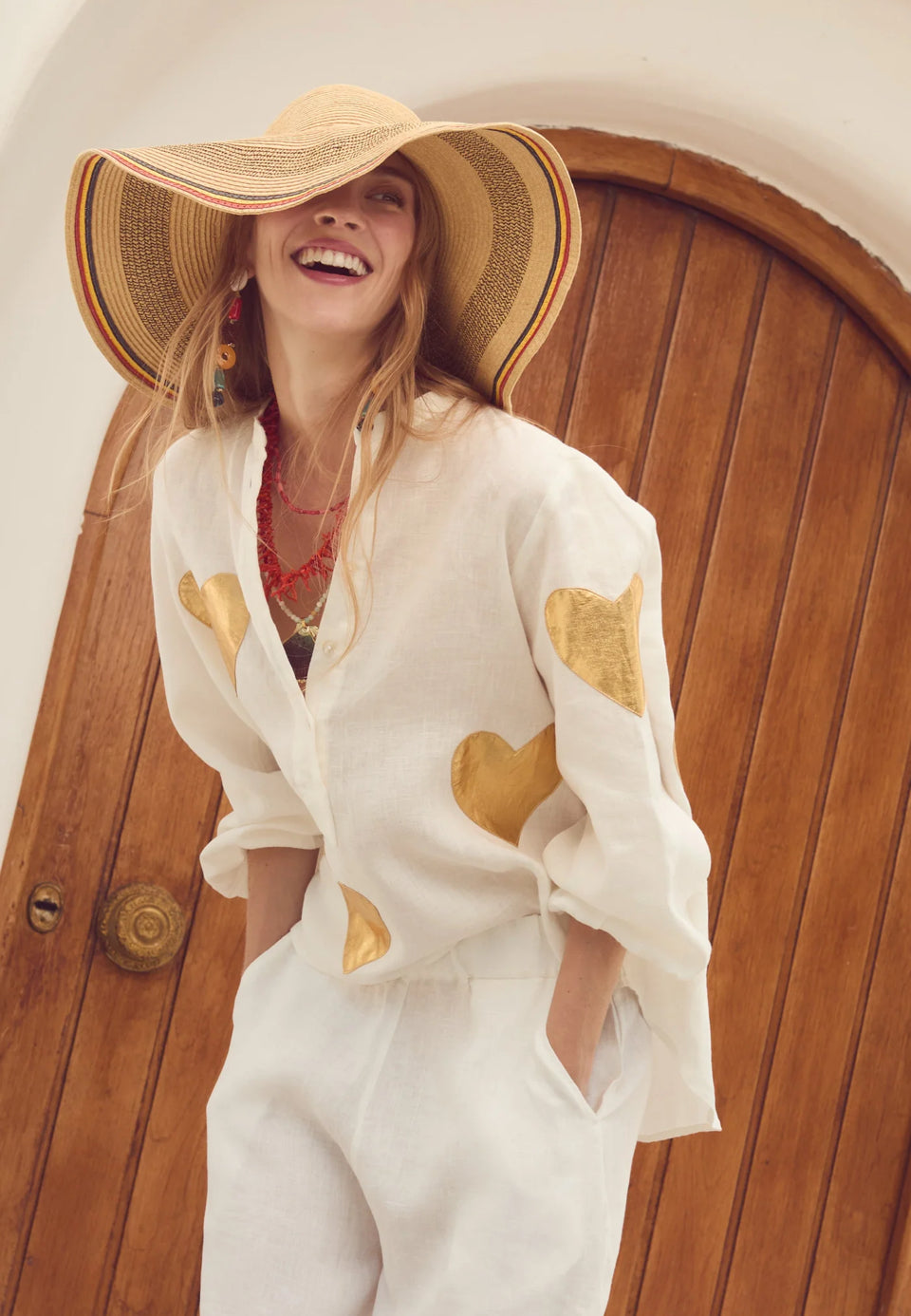 Linen Shirt - Off-White w/ Gold Hearts