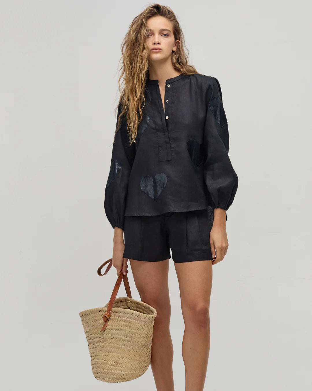 CUPID LINEN SHIRT - BLACK WITH METALLIC BLACK HEARTS