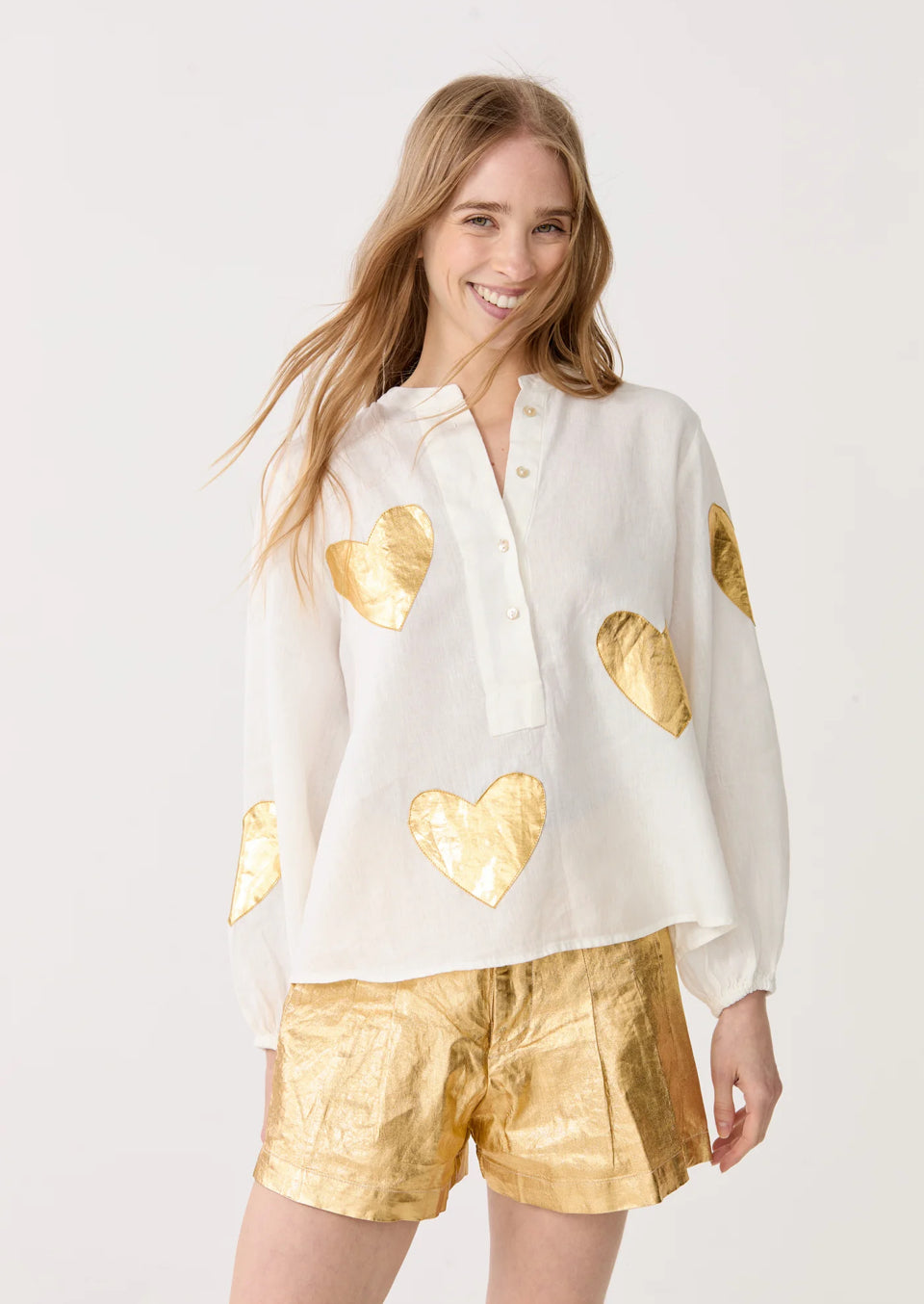 Linen Shirt - Off-White w/ Gold Hearts
