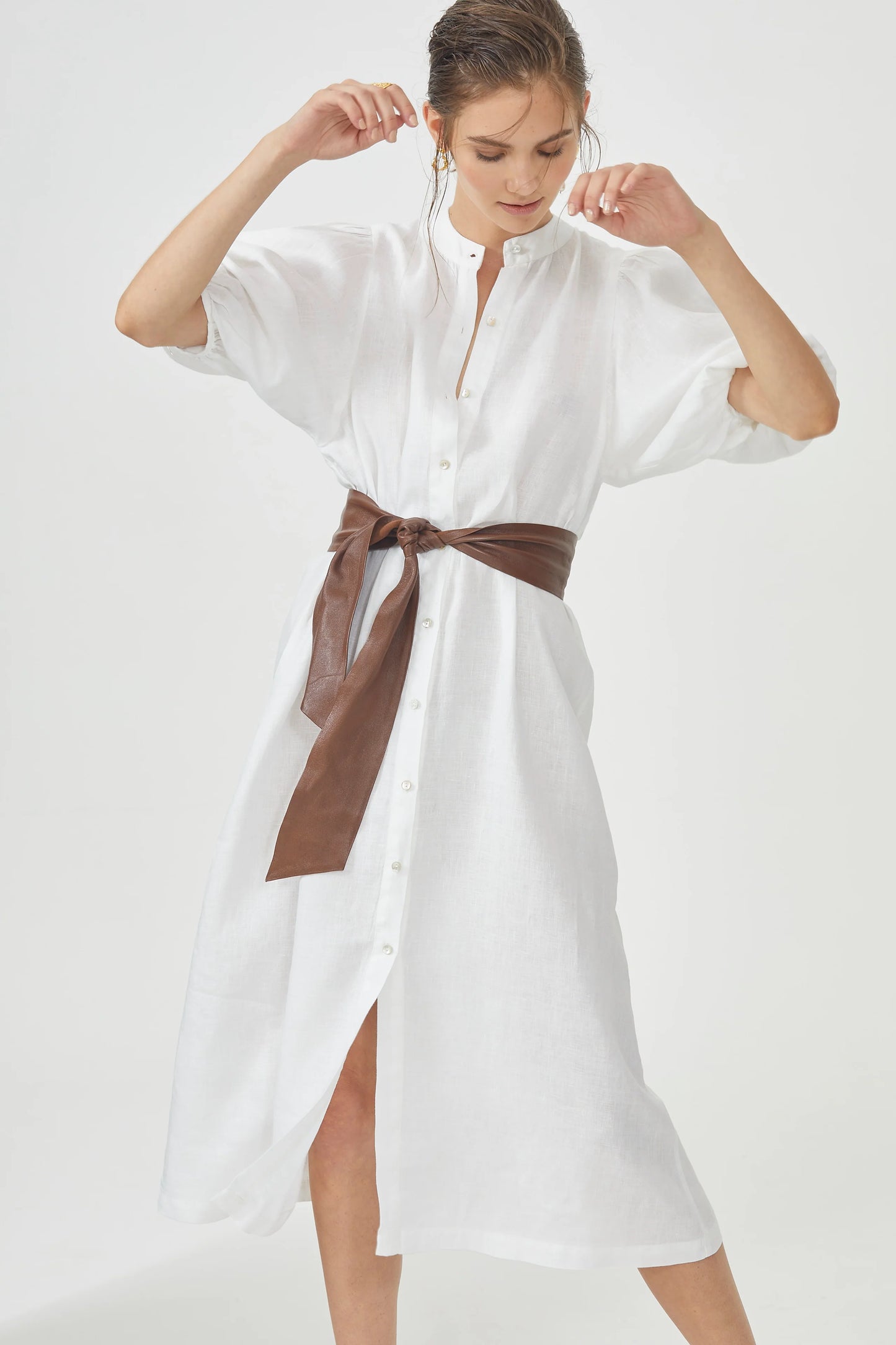BUBBLE LINEN DRESS - WHITE