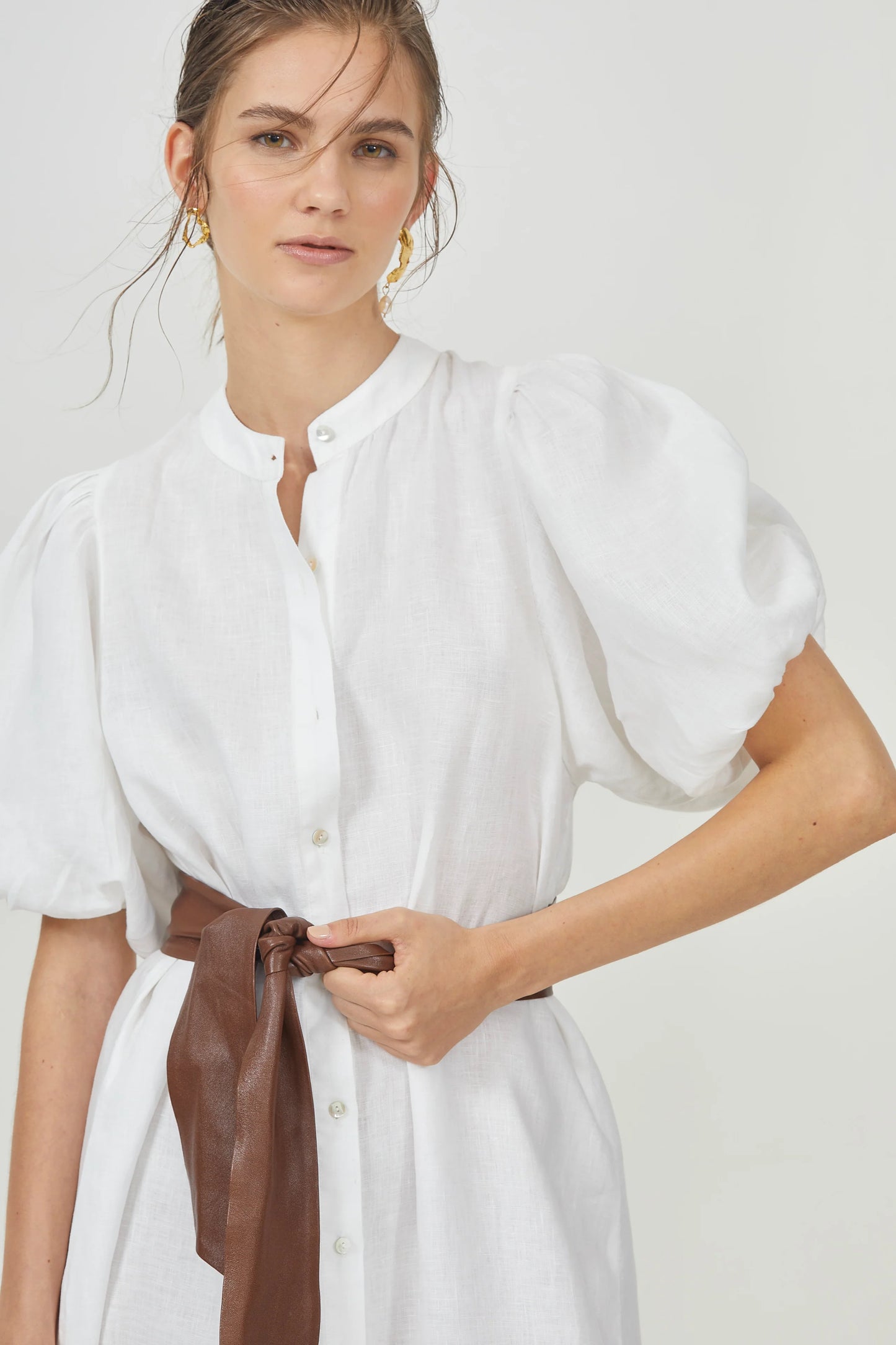 BUBBLE LINEN DRESS - WHITE