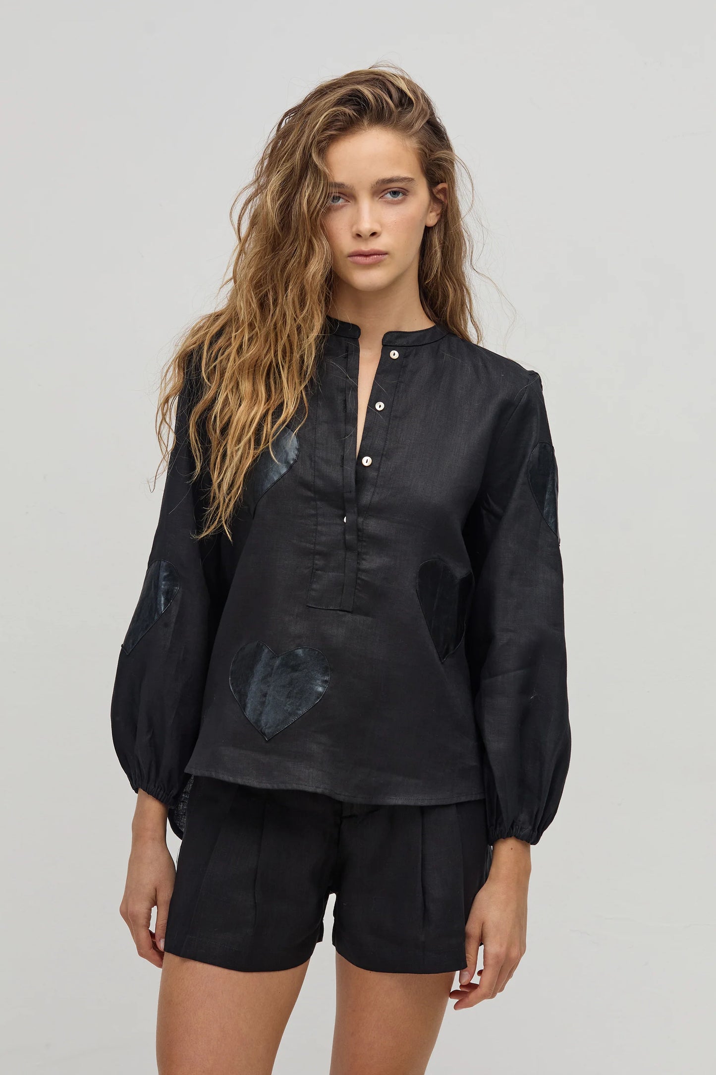 CUPID LINEN SHIRT - BLACK WITH METALLIC BLACK HEARTS