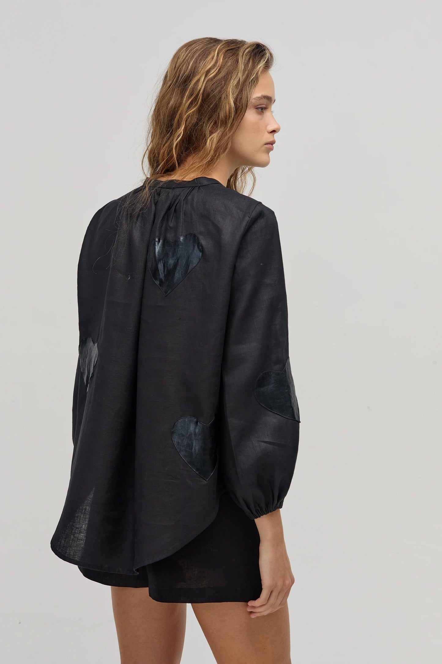 CUPID LINEN SHIRT - BLACK WITH METALLIC BLACK HEARTS