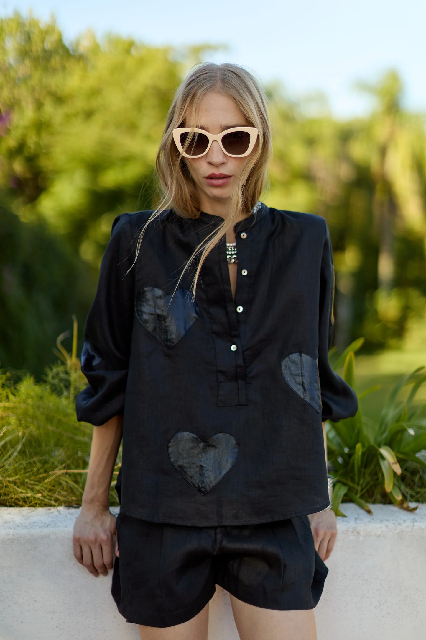 CUPID LINEN SHIRT - BLACK WITH METALLIC BLACK HEARTS