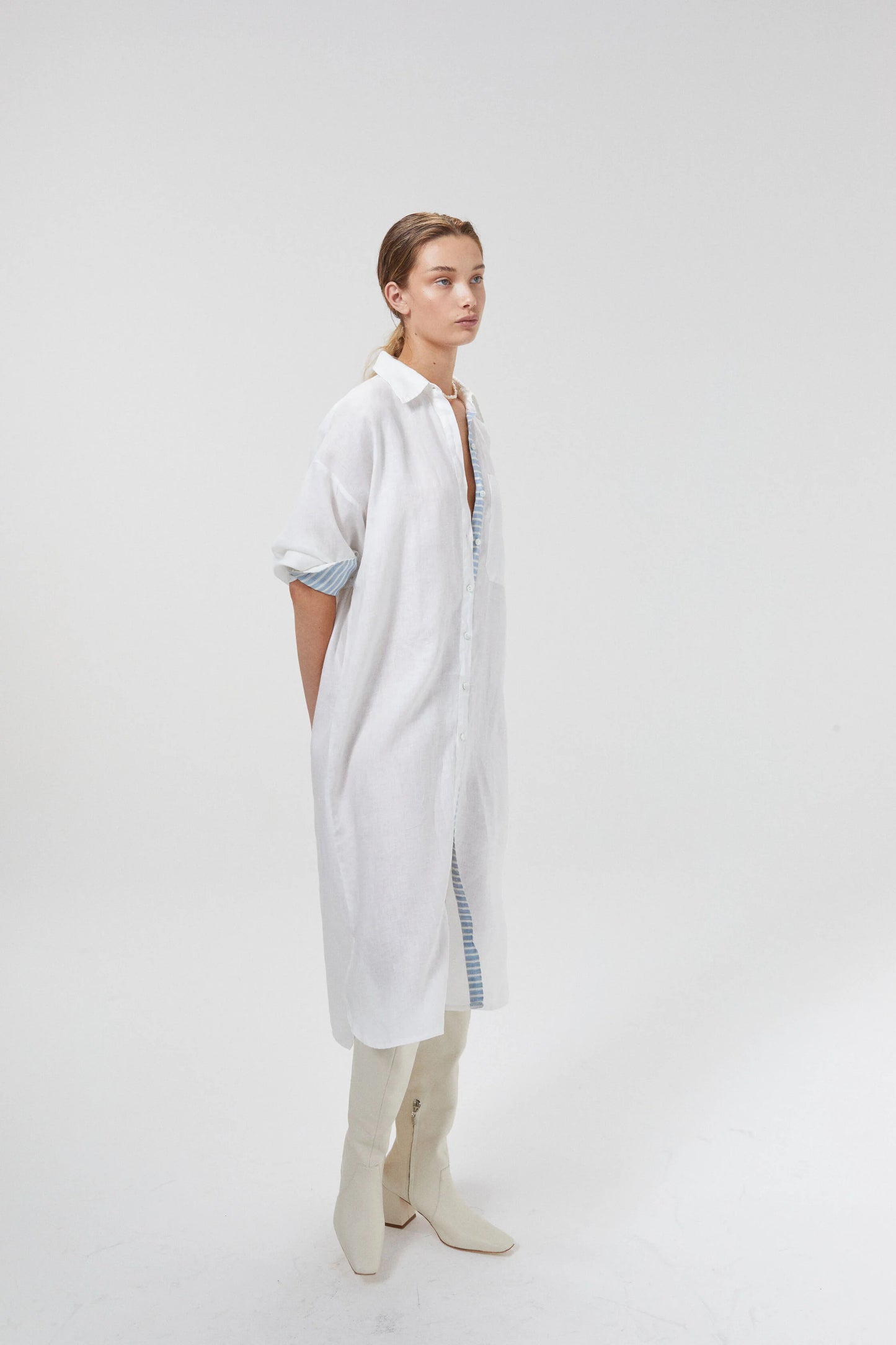 LINEN MIDI DRESS - OFF-WHITE WITH CONTRASTING DETAILS