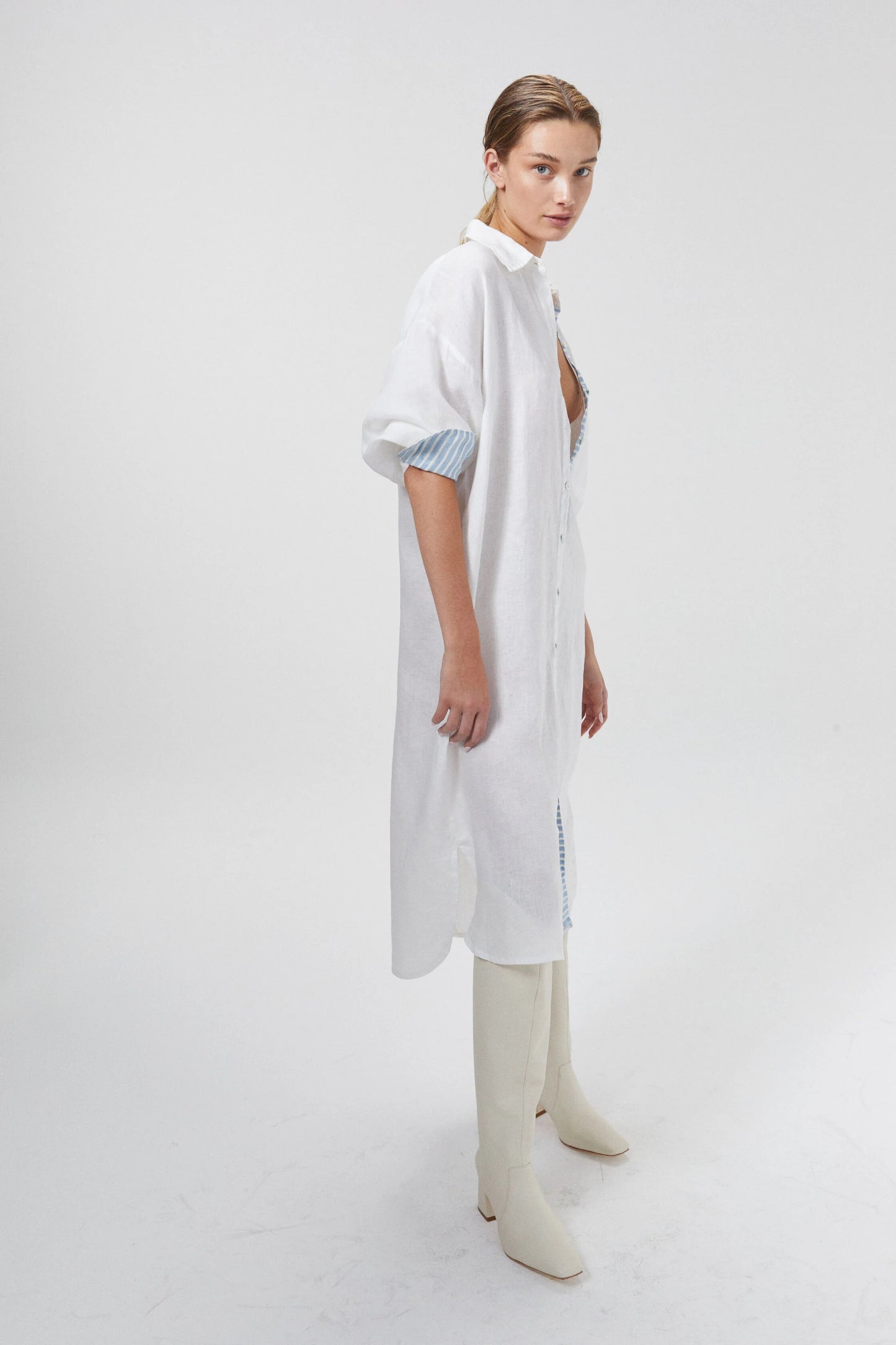 LINEN MIDI DRESS - OFF-WHITE WITH CONTRASTING DETAILS