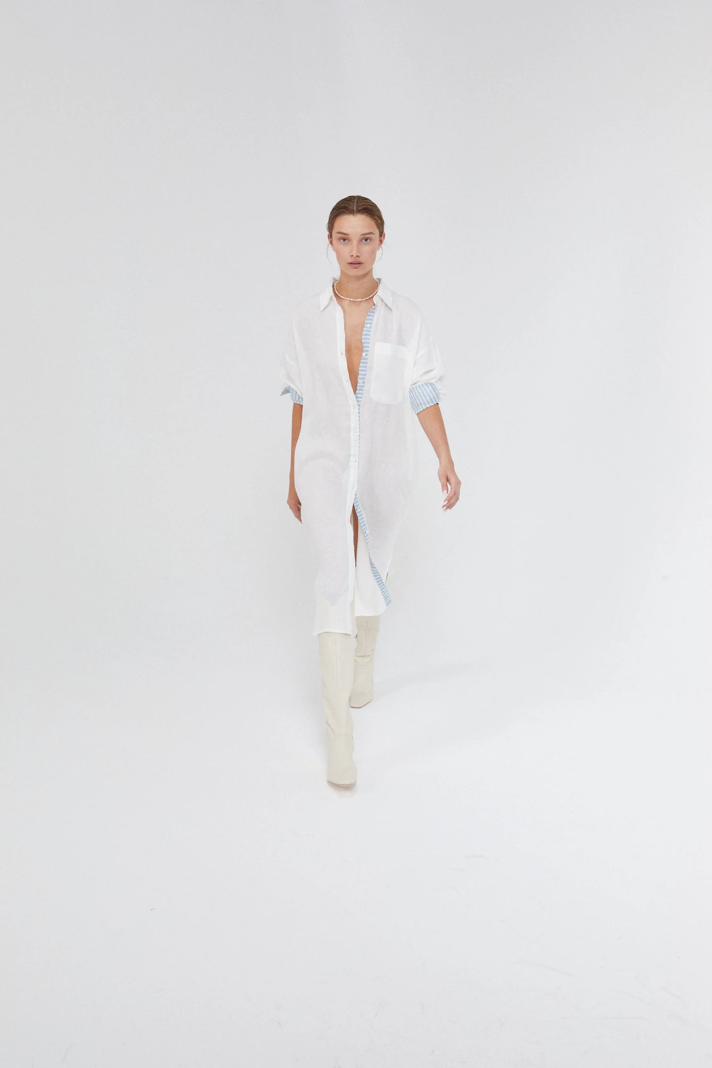 LINEN MIDI DRESS - OFF-WHITE WITH CONTRASTING DETAILS