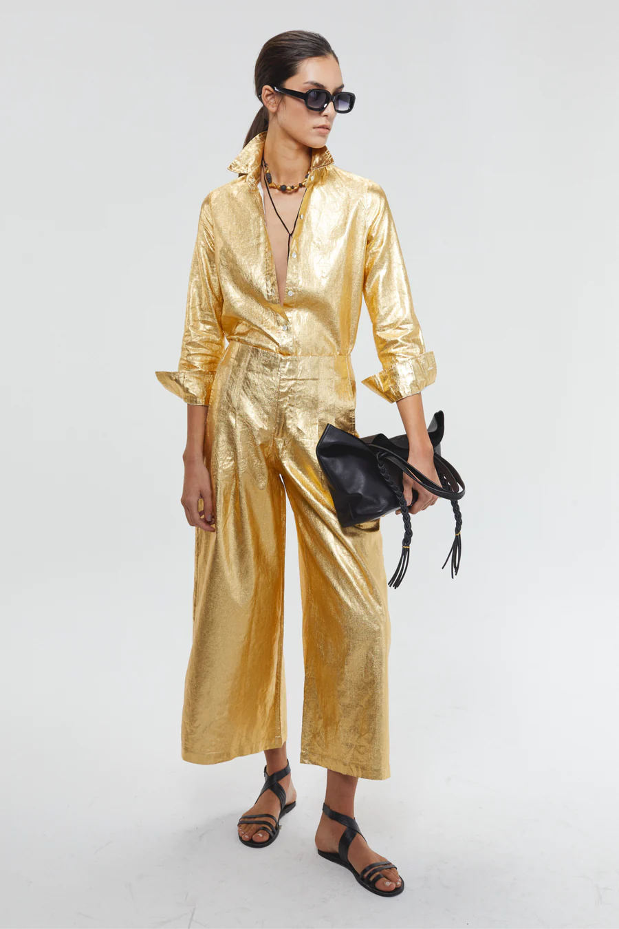 Metallic Linen Pants - Gold