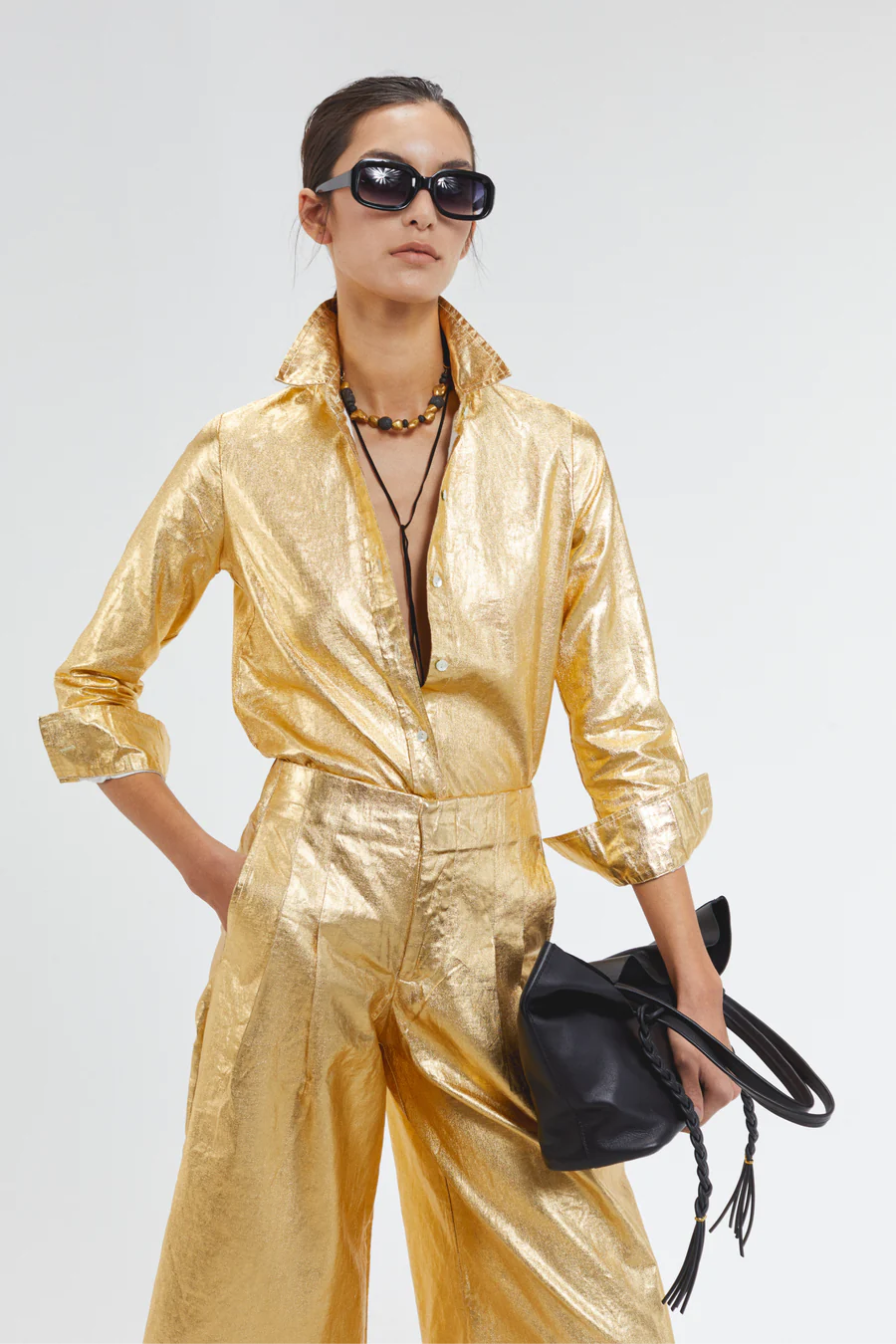 Metallic Linen Pants - Gold