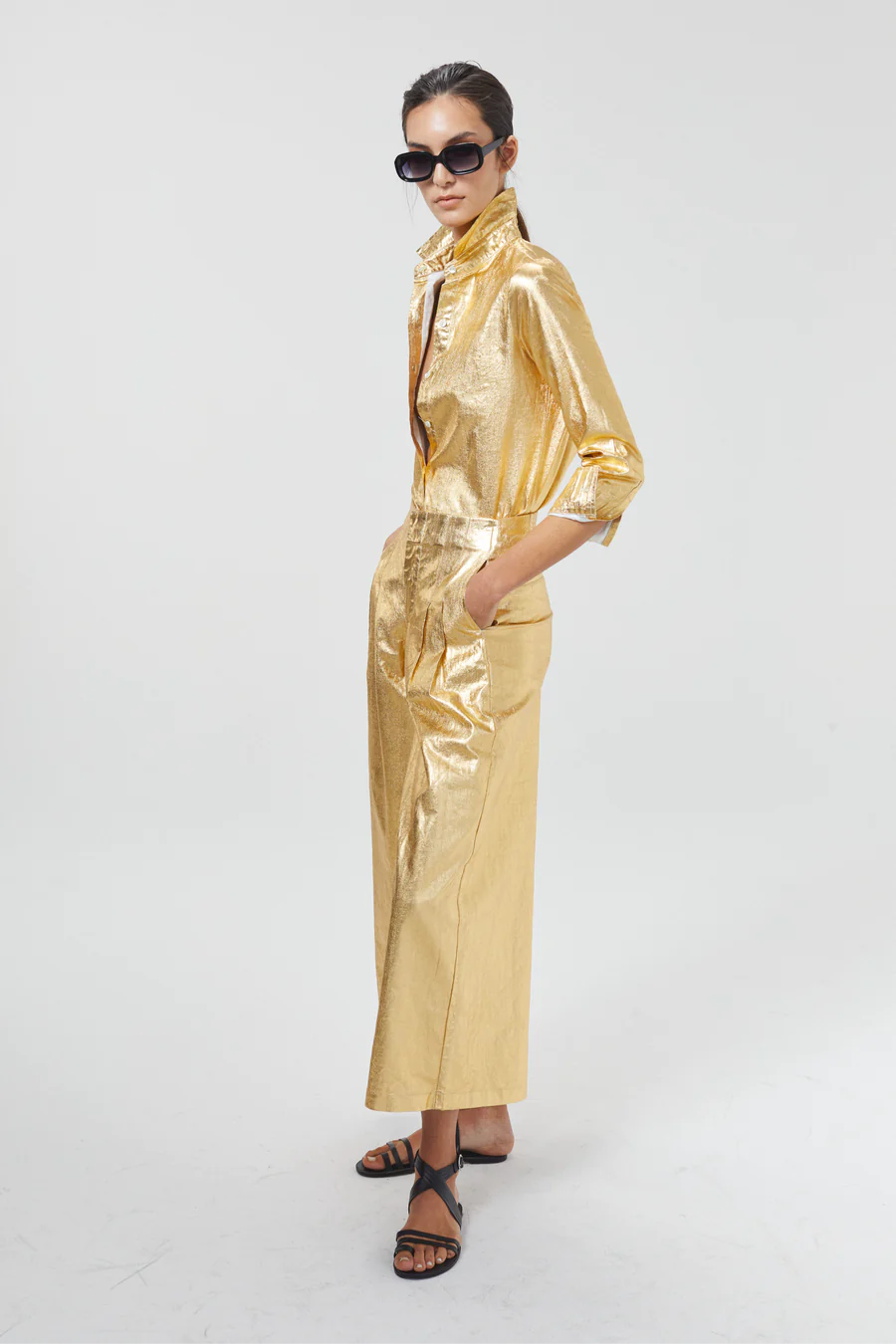 Metallic Linen Pants - Gold