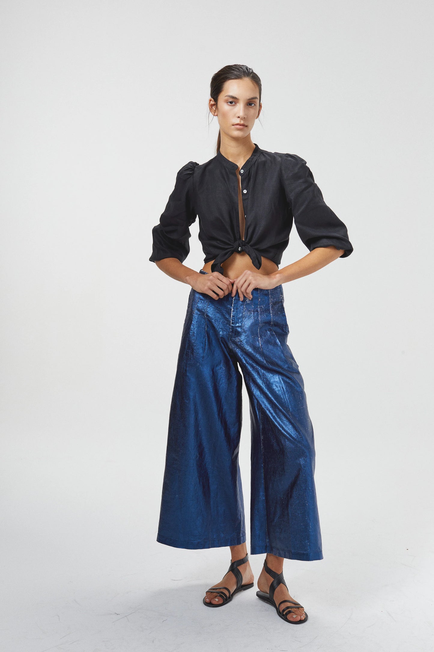 CULOTTE METALLIC LINEN PANTS - DARK BLUE