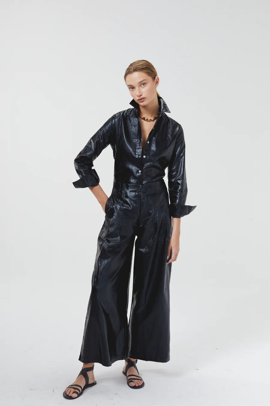 Marino Metallic Linen Shirt - Black