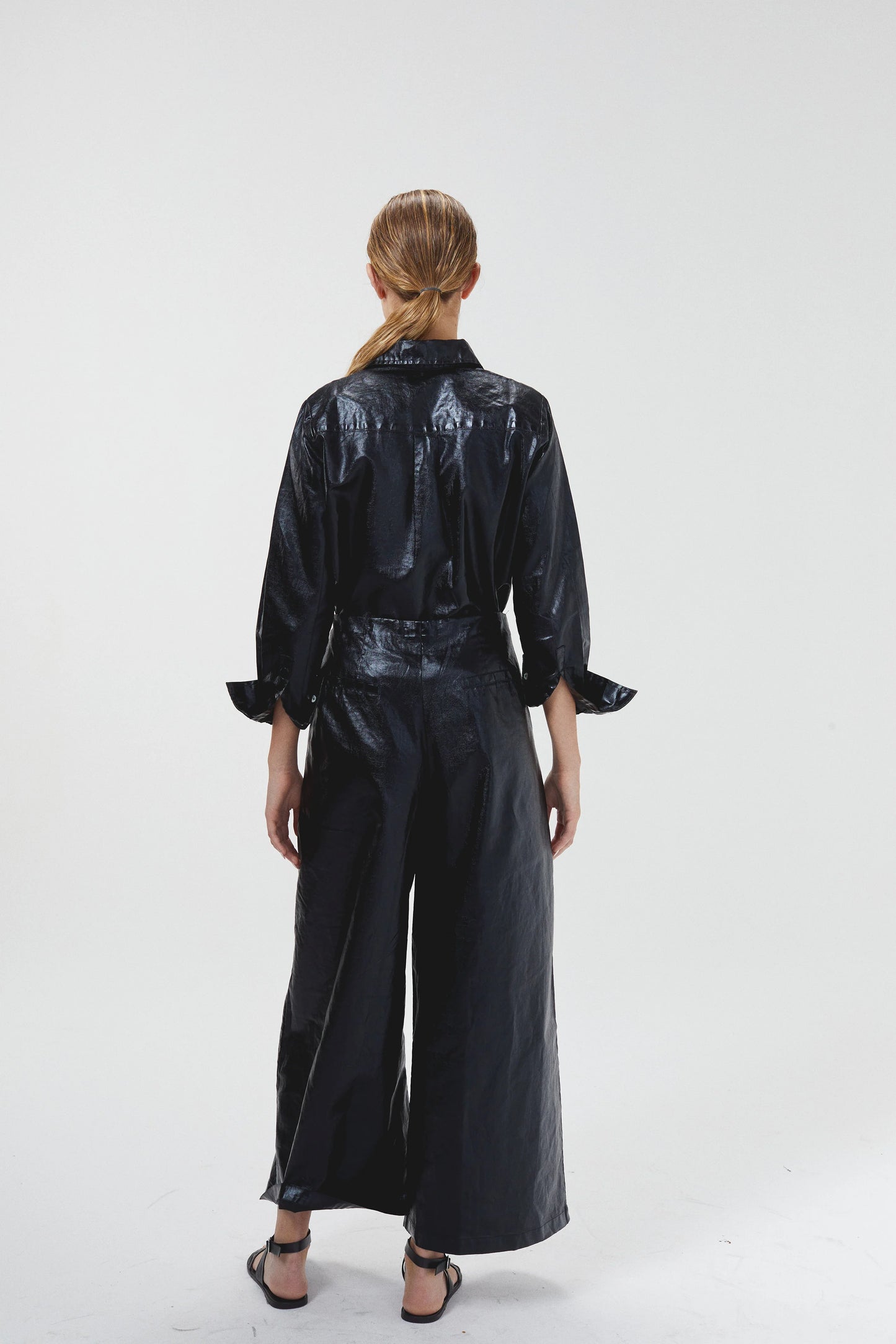CULOTTE METALLIC LINEN PANTS -BLACK