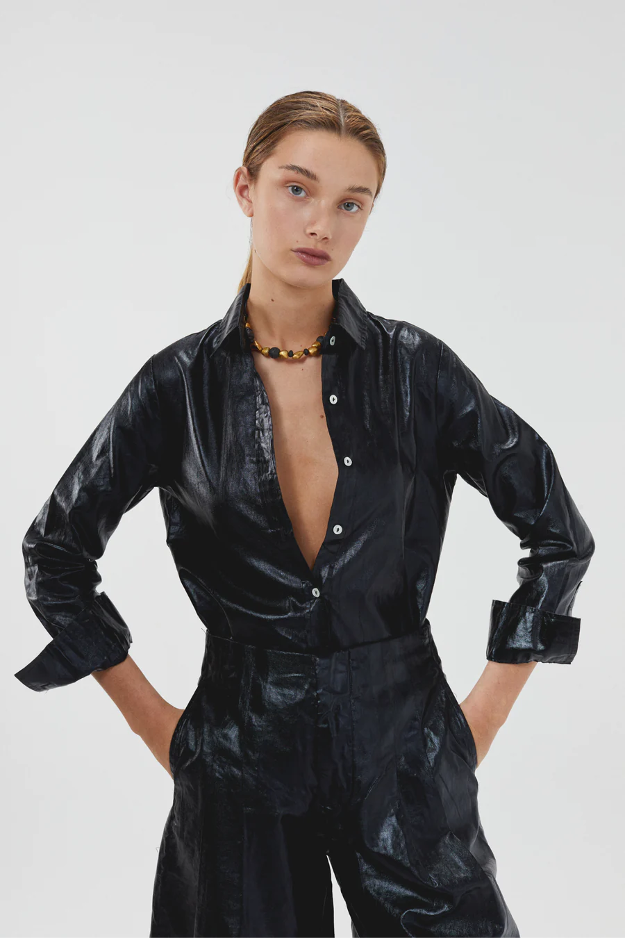 Marino Metallic Linen Shirt - Black