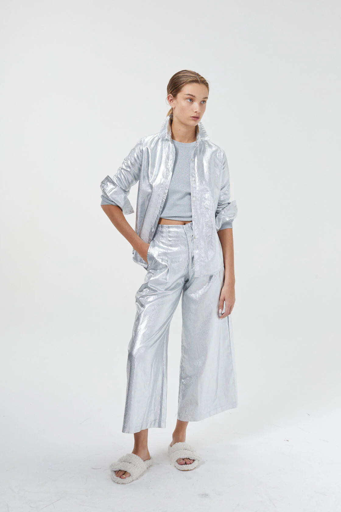 CULOTTE METALLIC LINEN PANTS - NEW SILVER