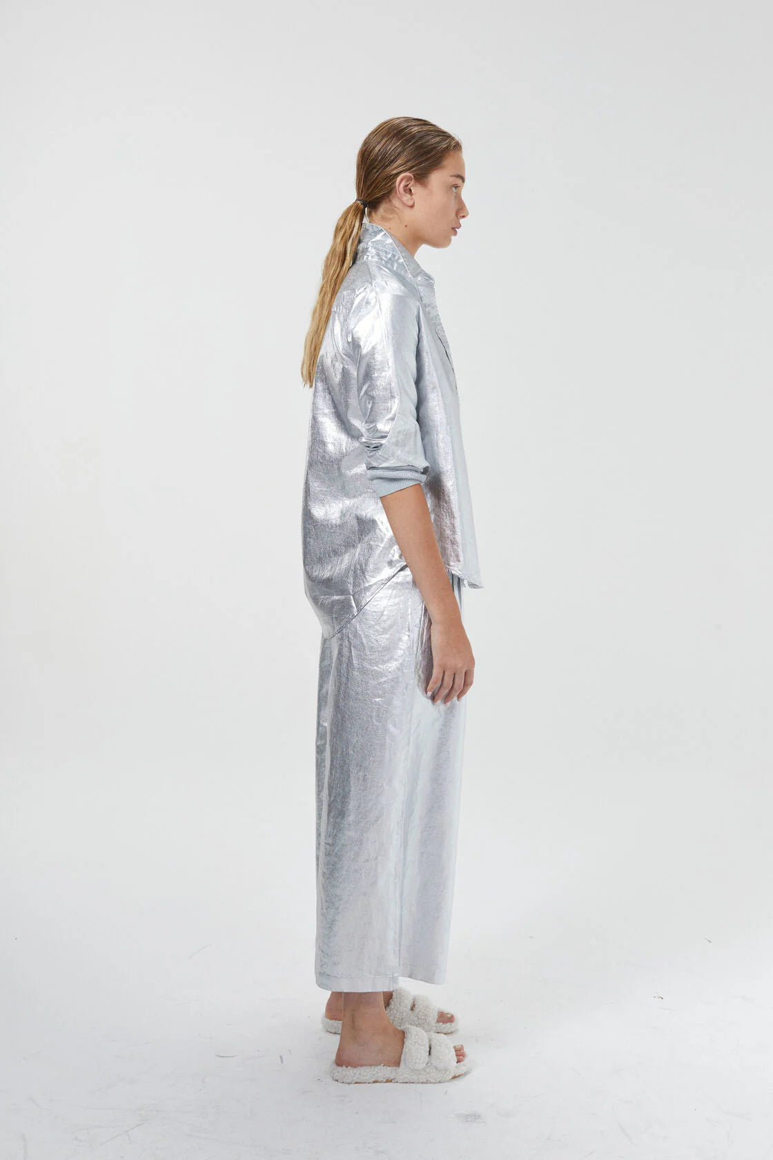 CULOTTE METALLIC LINEN PANTS - NEW SILVER
