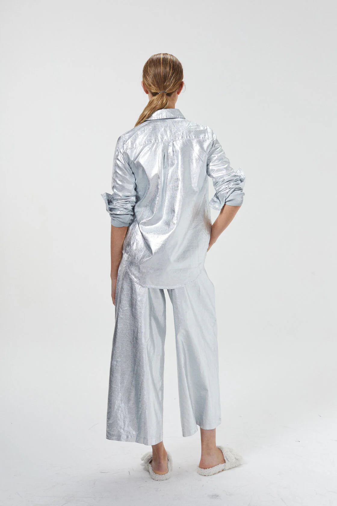 CULOTTE METALLIC LINEN PANTS - NEW SILVER