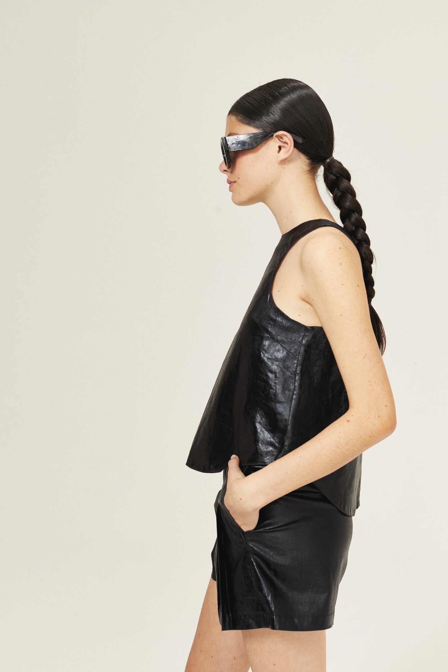 METALLIC LINEN TOP - Black