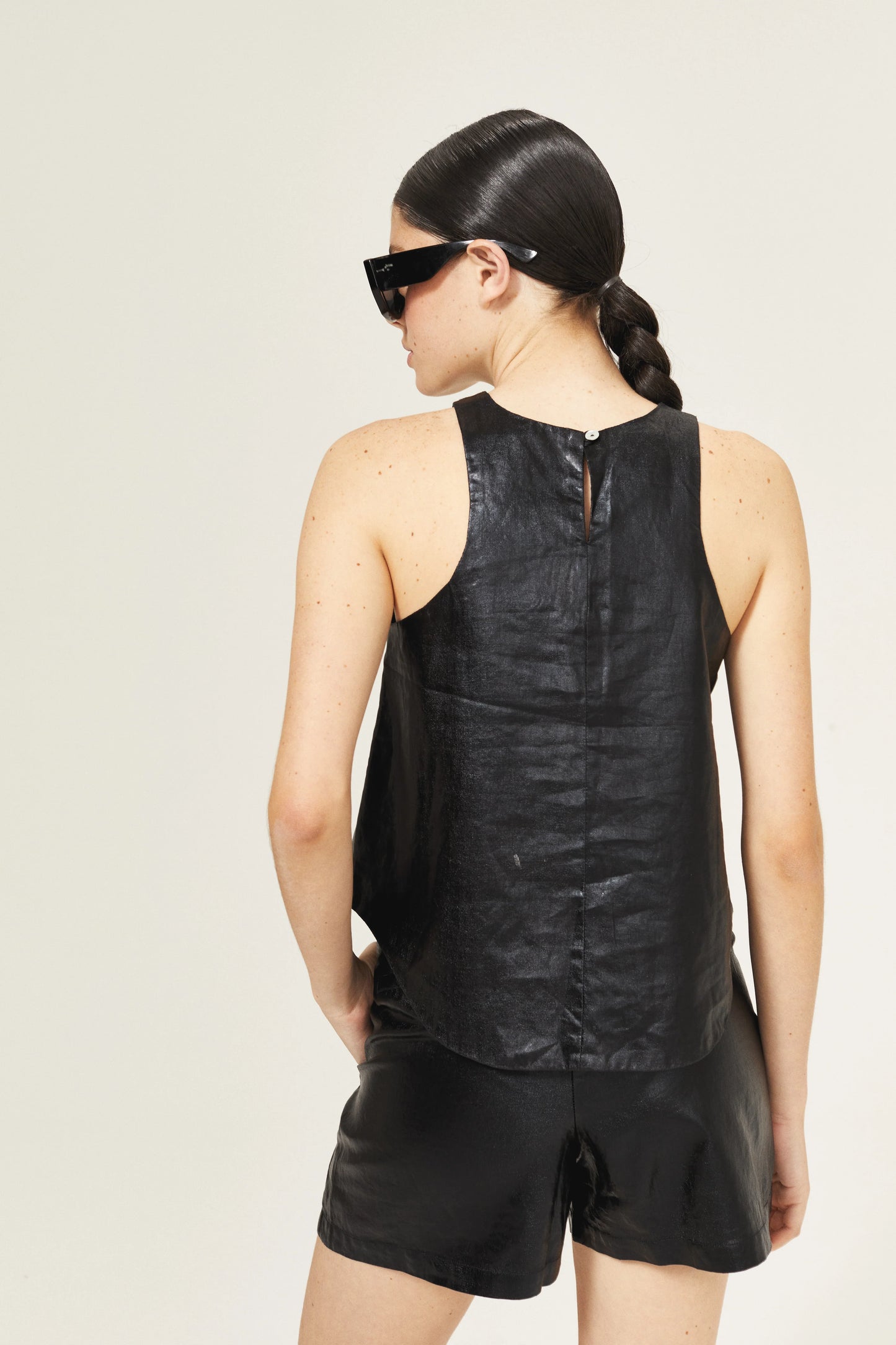 METALLIC LINEN TOP - Black