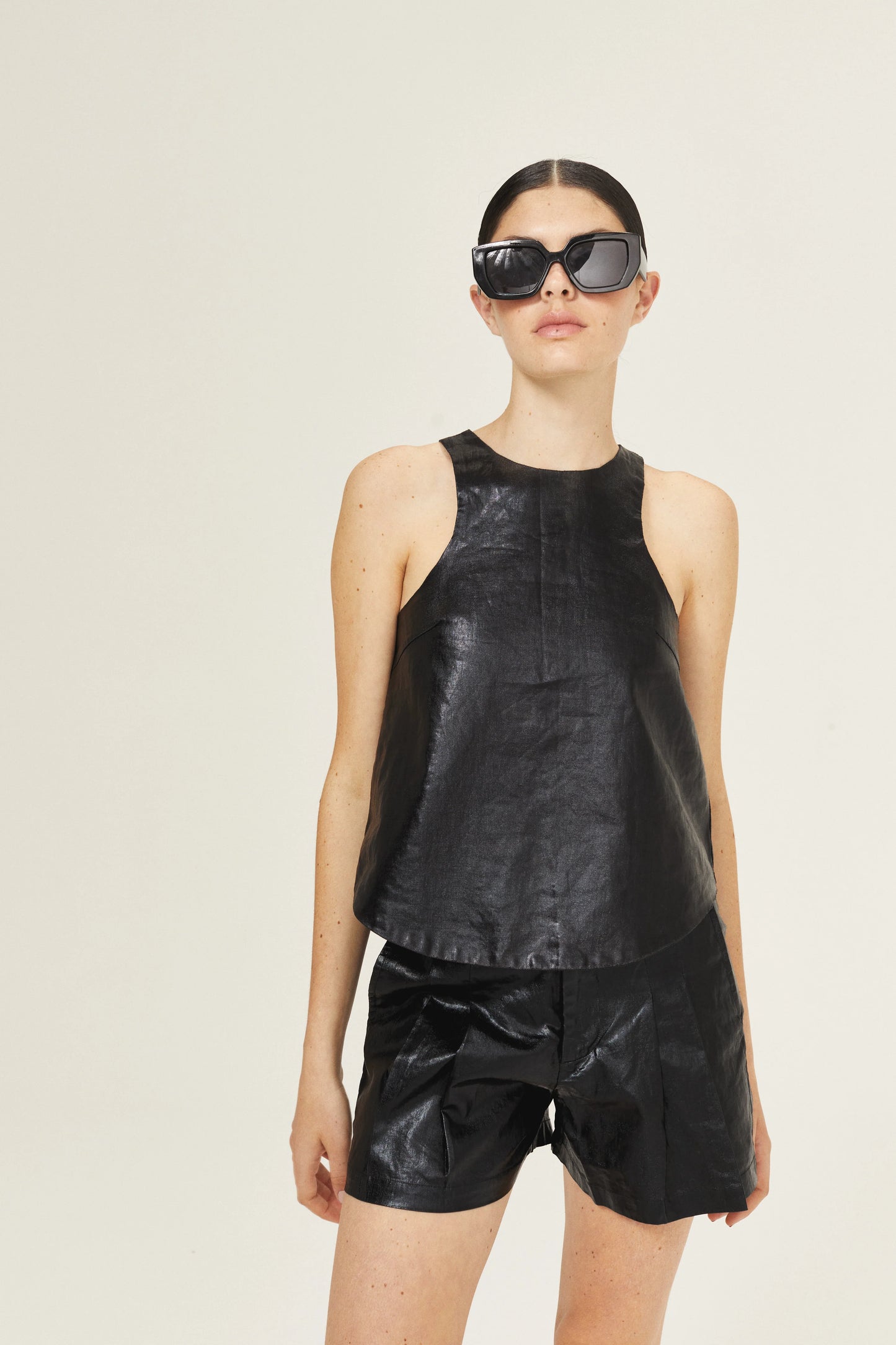METALLIC LINEN TOP - Black