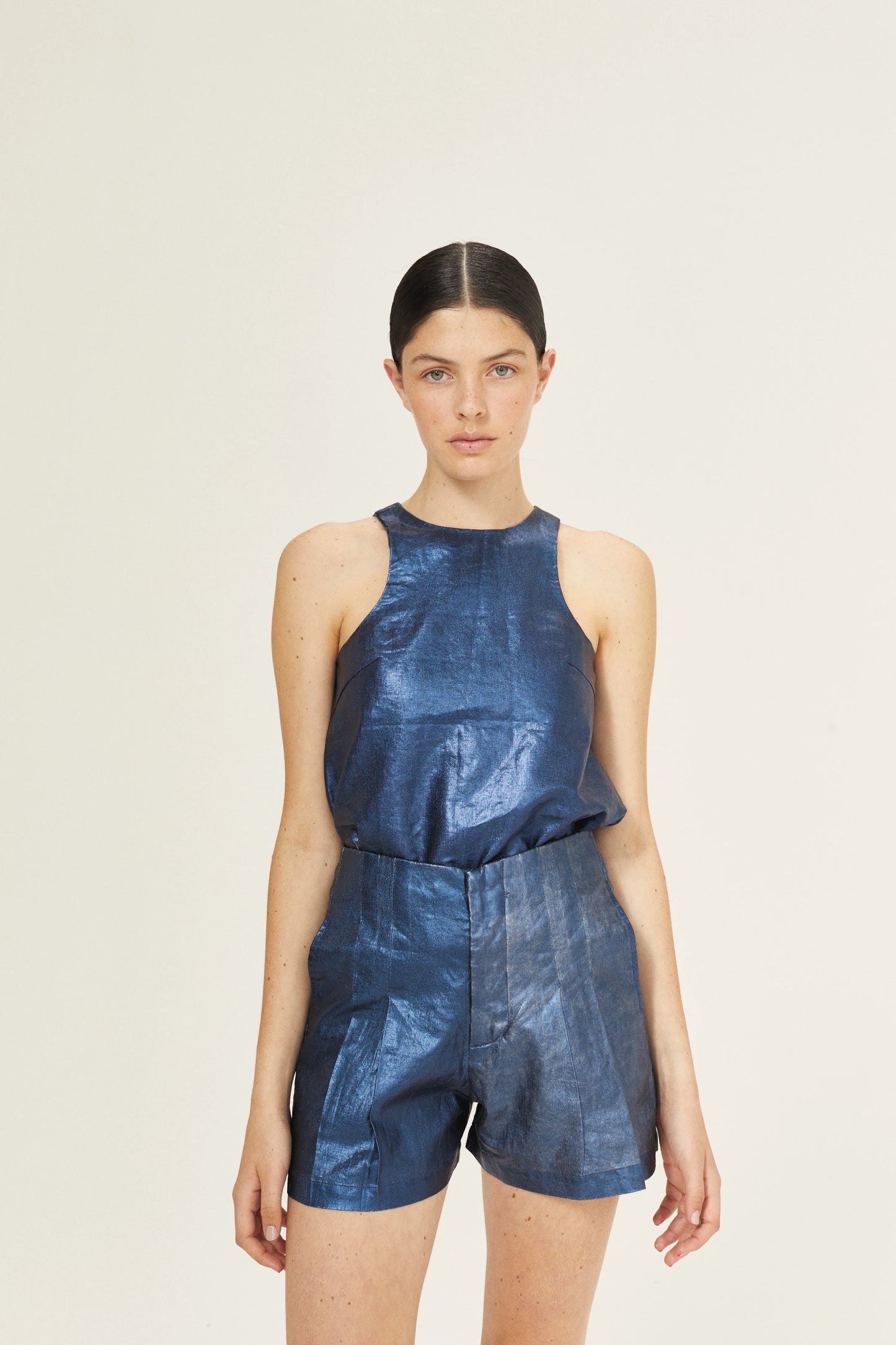 METALLIC LINEN TOP - DARK BLUE