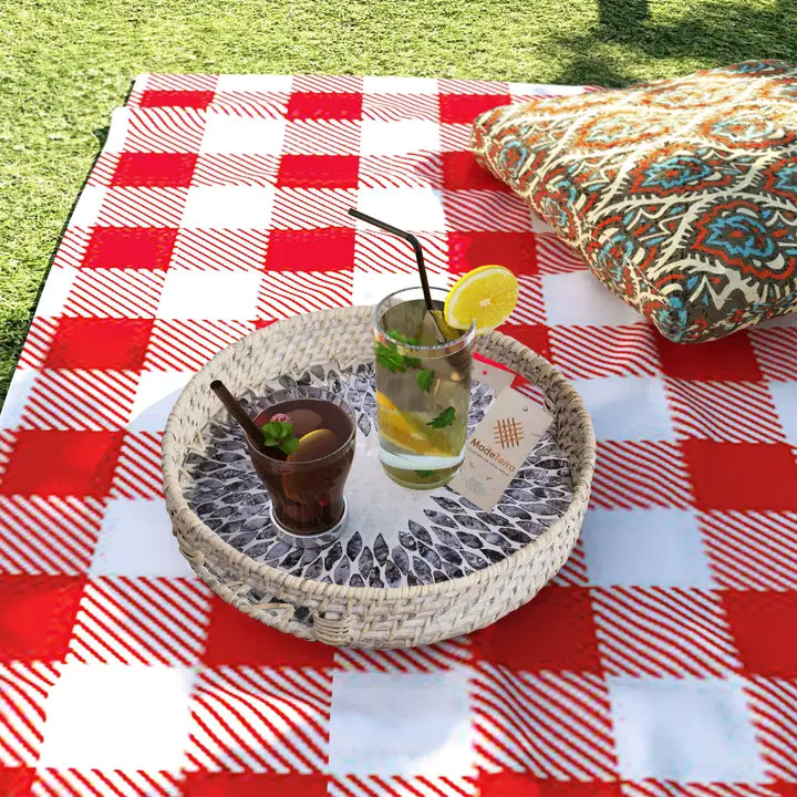 Round Rattan Tray With Nacre Base-White Rattan Small