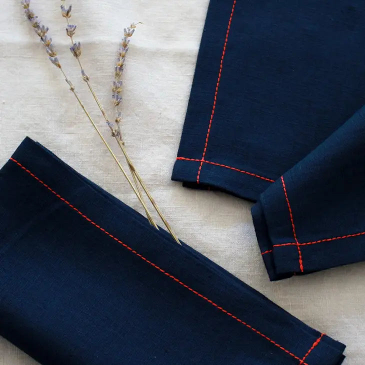 Navy Linen Napkins with Red Stitch, Set of 4