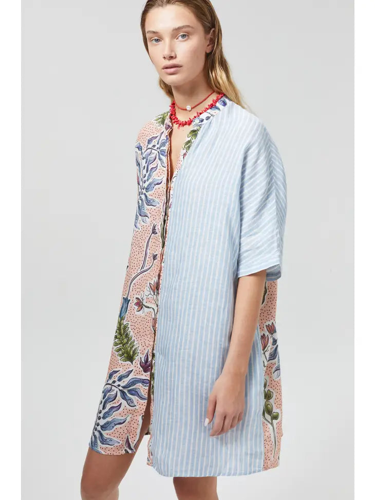 LIGHTHOUSE LINEN SHIRT DRESS - MARRAKECH GARDENS, TANGIER AND BLUE STRIPES