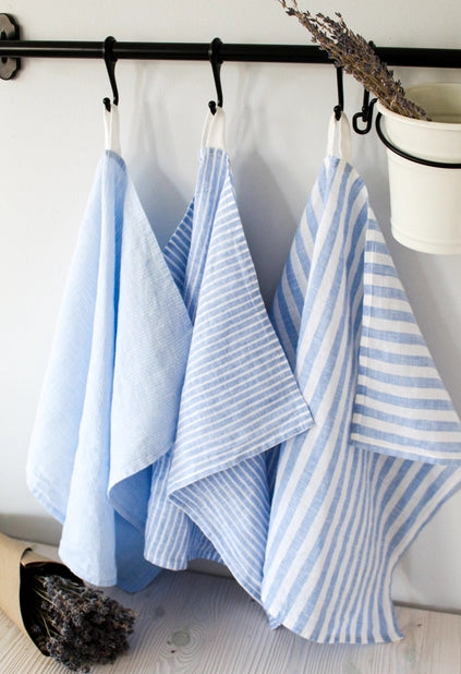 Sky Blue Striped Linen Cotton Tea Towel - Set of 3