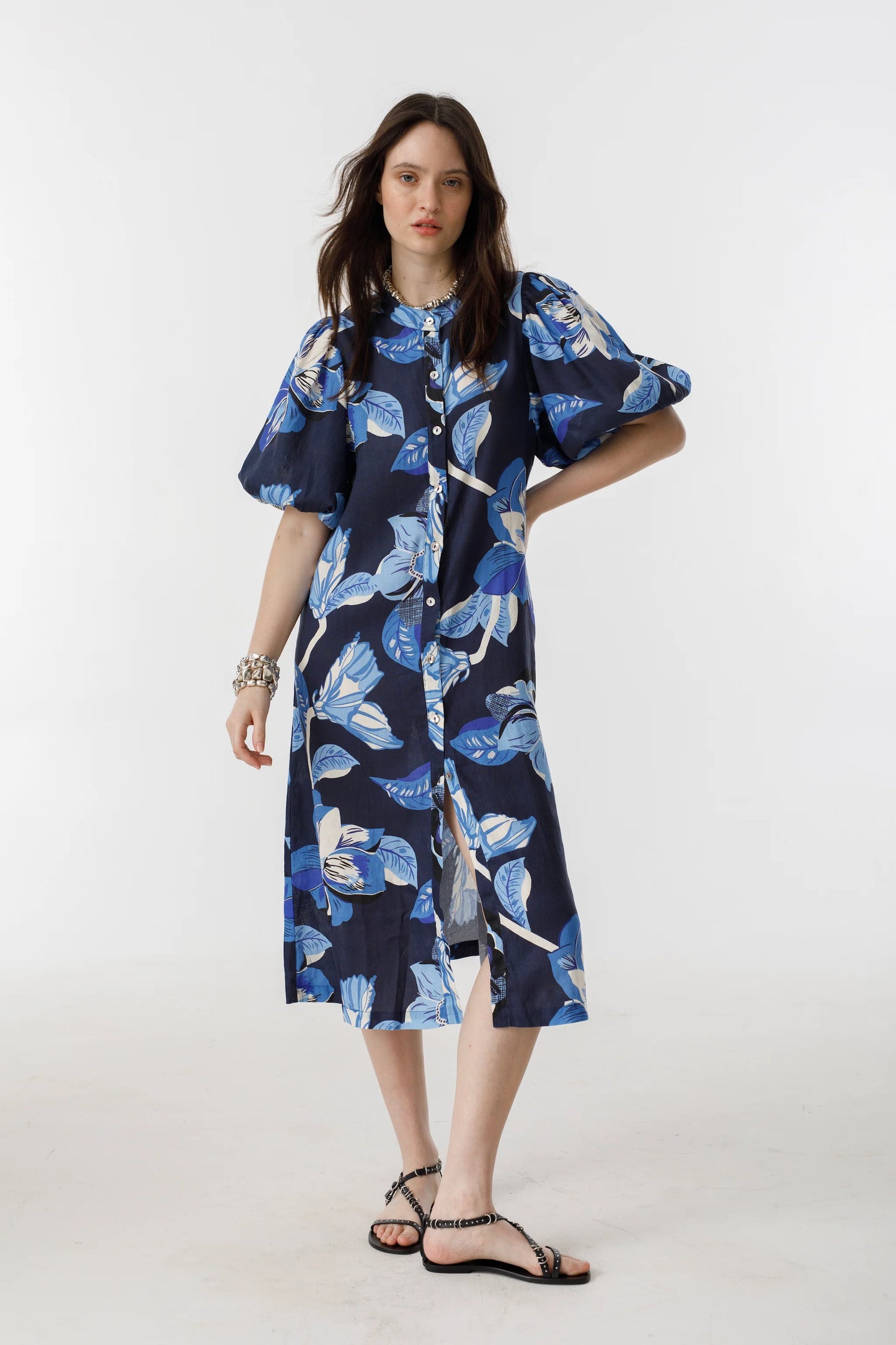 BUBBLE LINEN DRESS - NAVY HIBISCUS PRINT