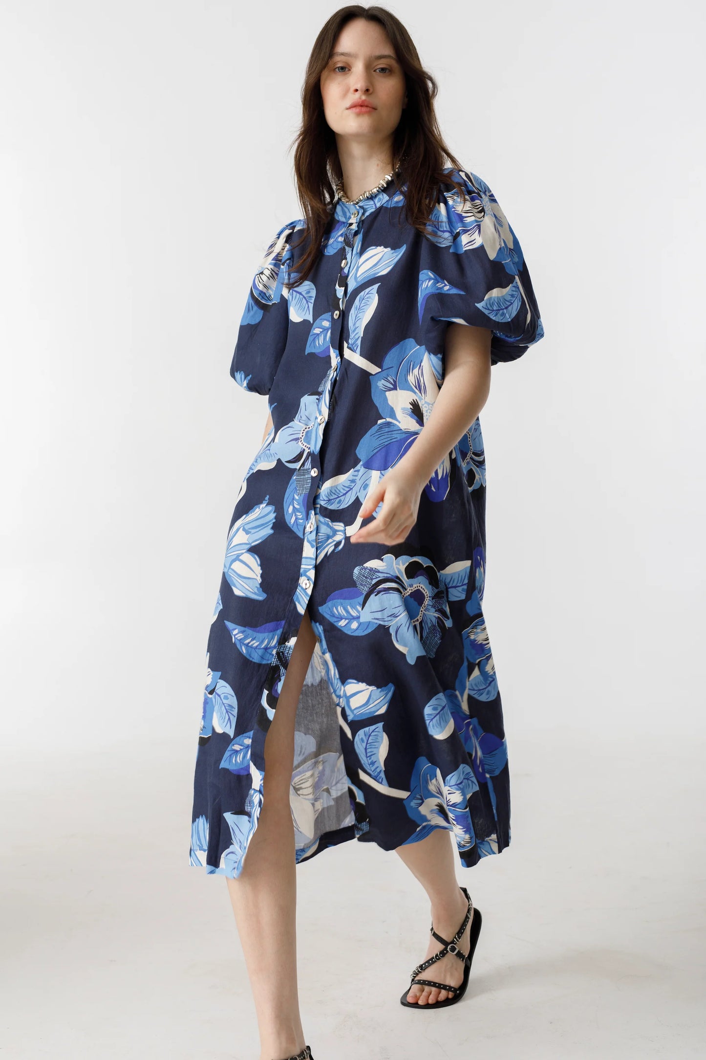 BUBBLE LINEN DRESS - NAVY HIBISCUS PRINT