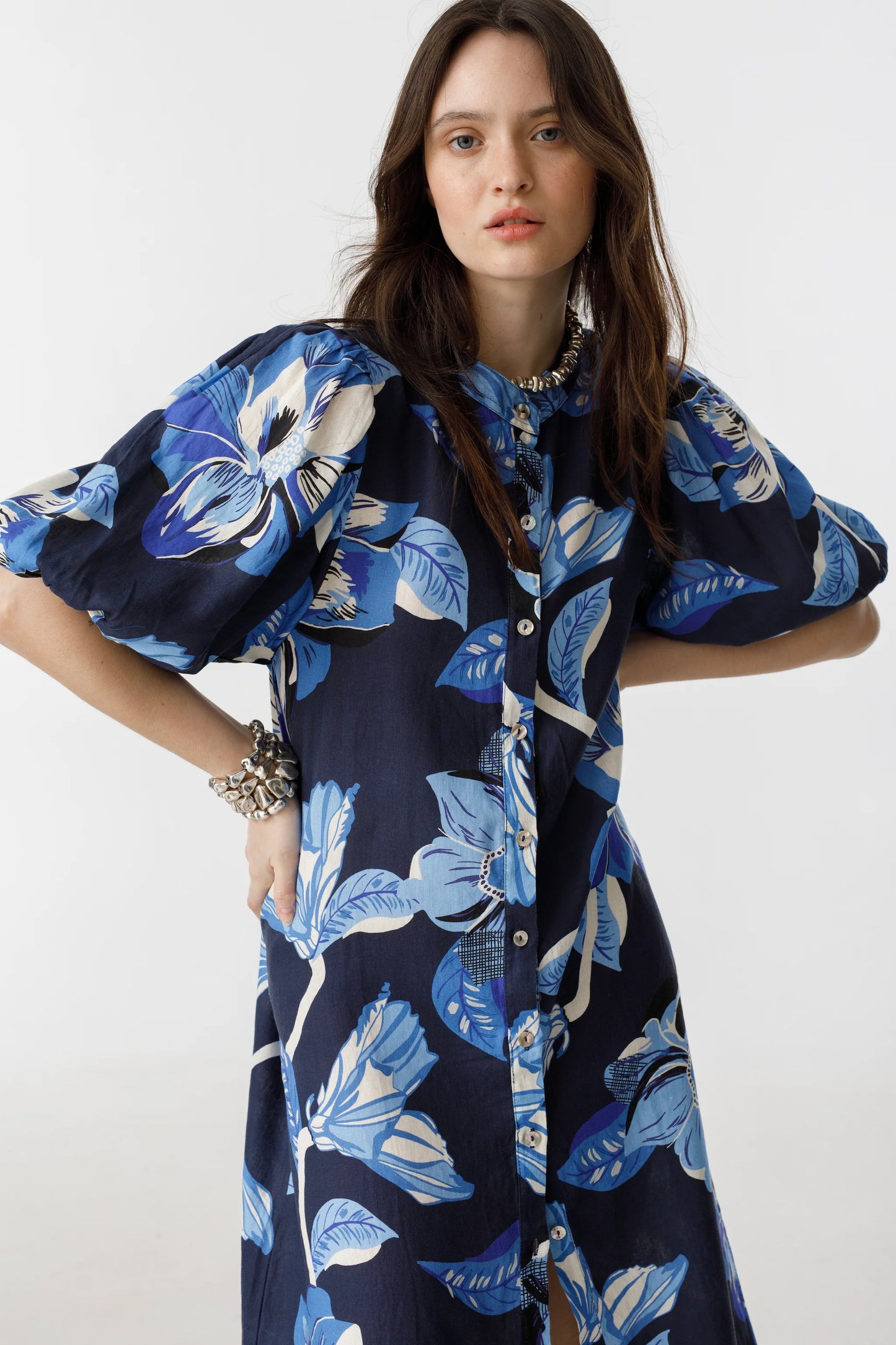 BUBBLE LINEN DRESS - NAVY HIBISCUS PRINT