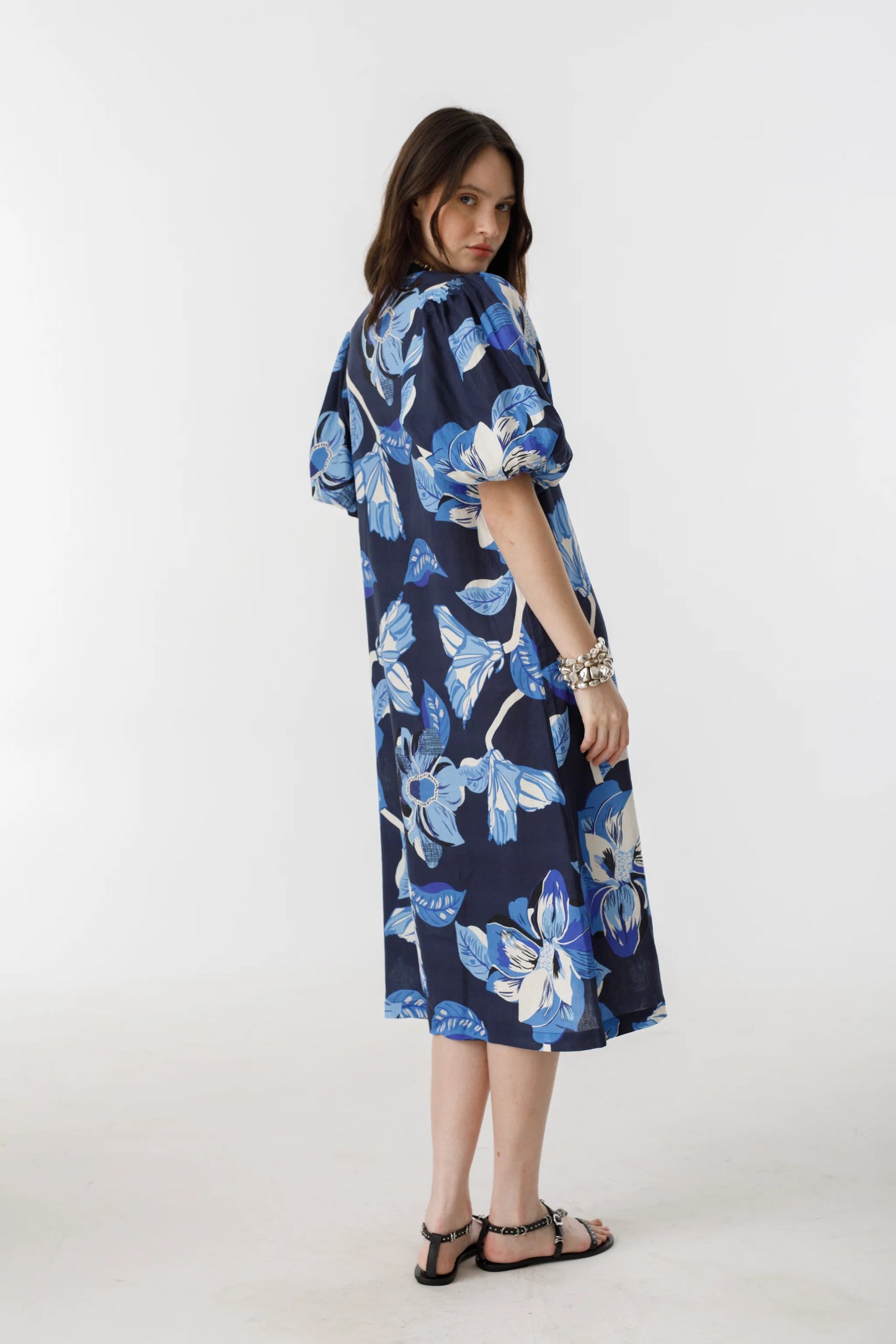 BUBBLE LINEN DRESS - NAVY HIBISCUS PRINT