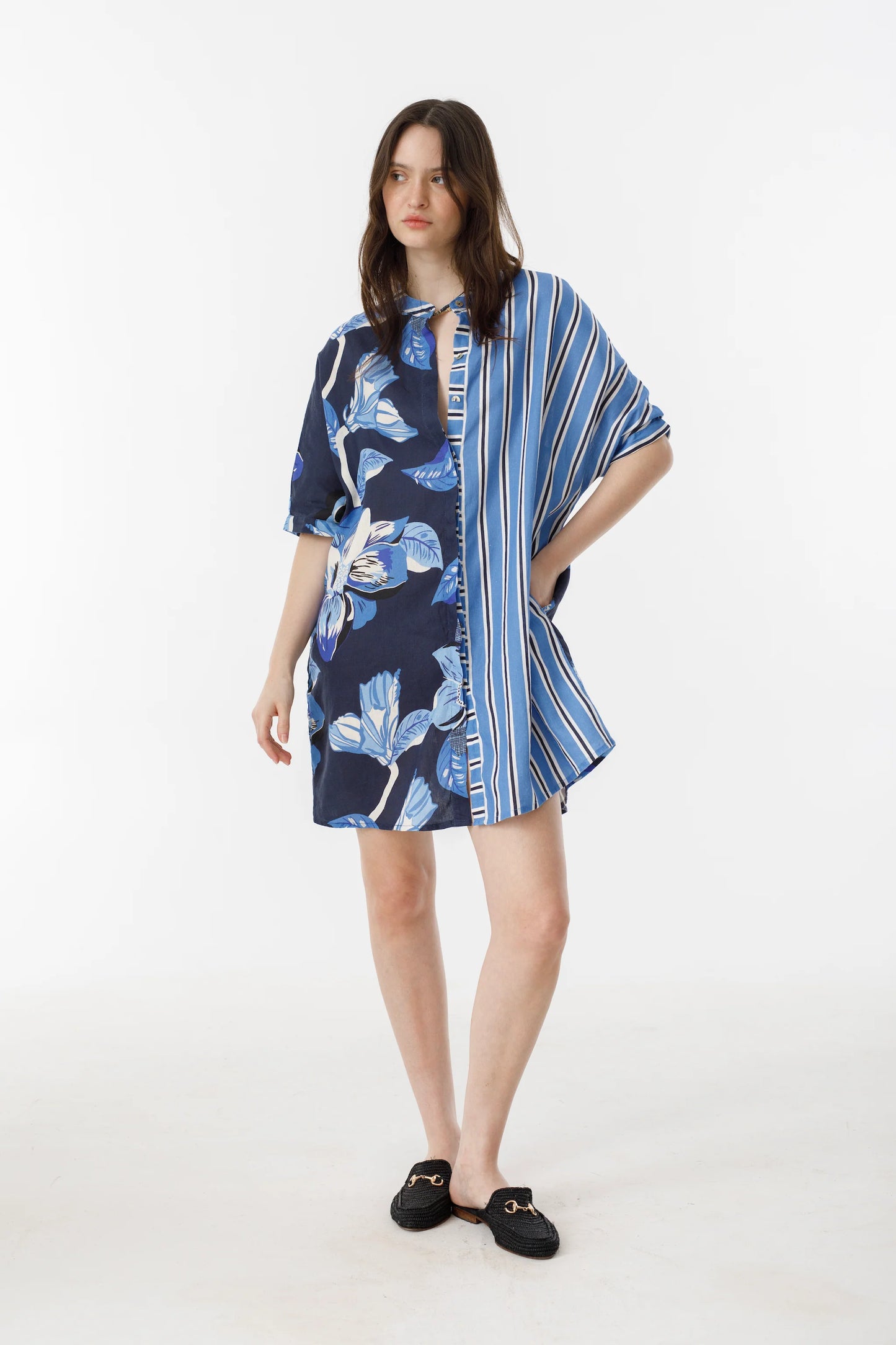 LIGHTHOUSE LINEN SHIRT DRESS - MIX BLUE IVY STRIPES AND NAVY HIBISCUS PRINT