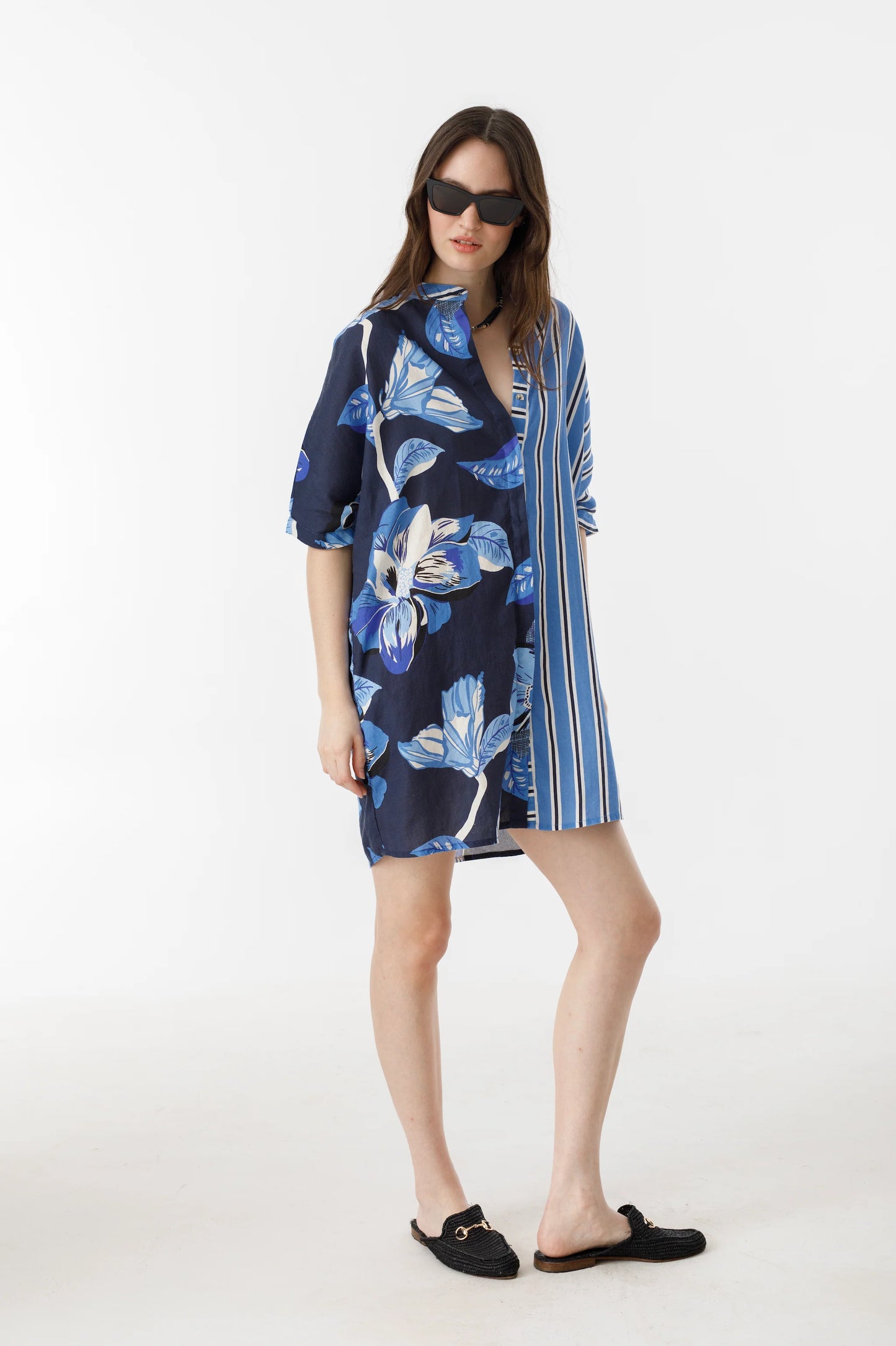 LIGHTHOUSE LINEN SHIRT DRESS - MIX BLUE IVY STRIPES AND NAVY HIBISCUS PRINT
