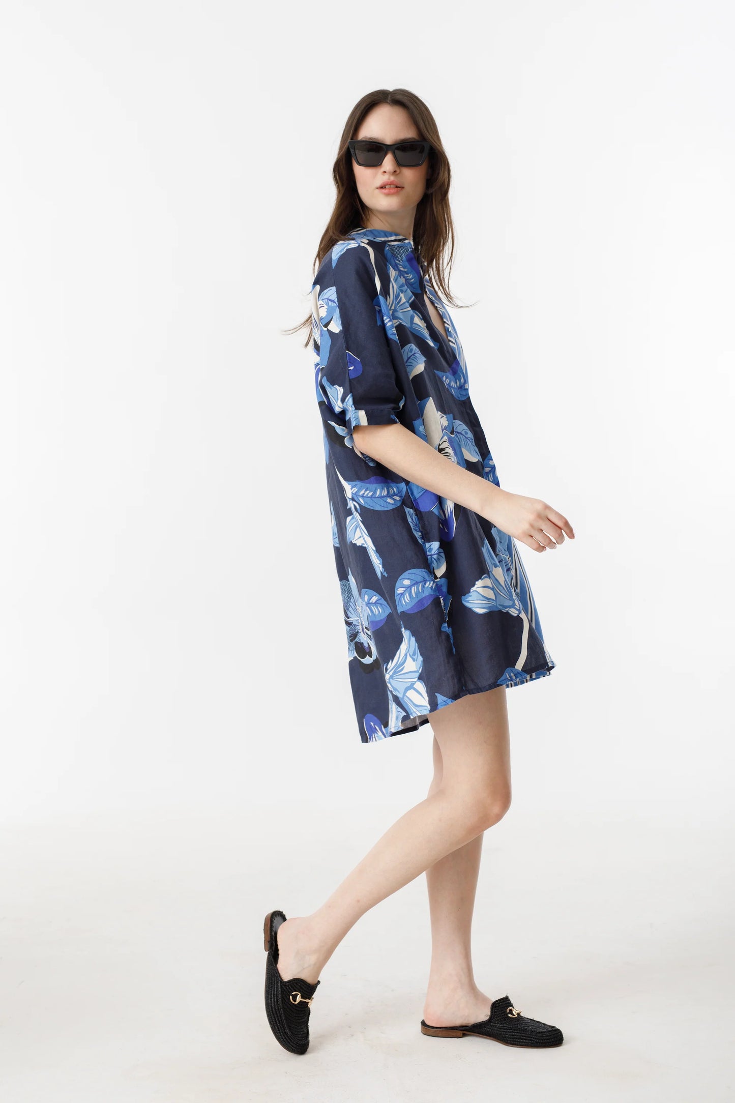 LIGHTHOUSE LINEN SHIRT DRESS - MIX BLUE IVY STRIPES AND NAVY HIBISCUS PRINT