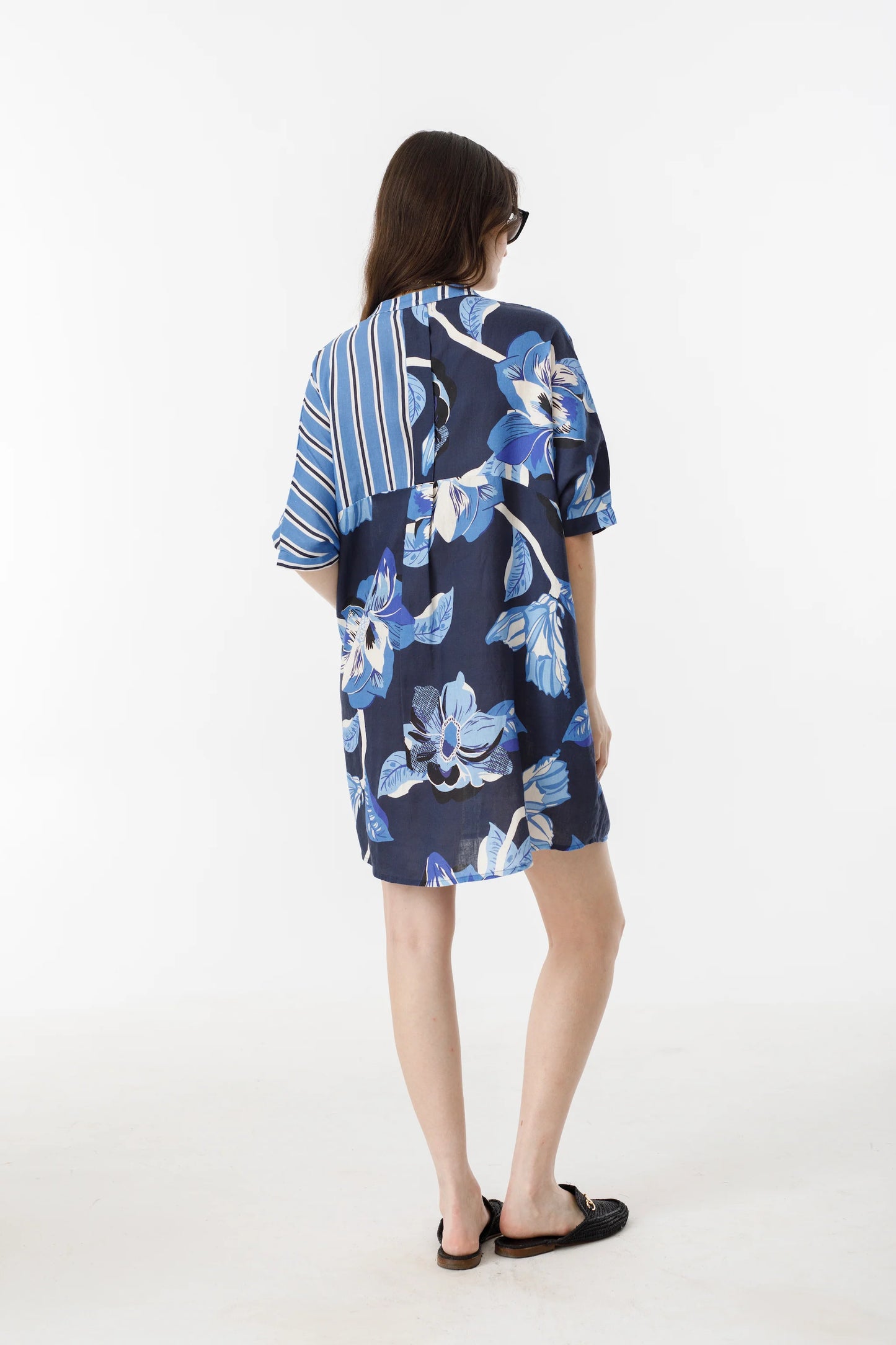 LIGHTHOUSE LINEN SHIRT DRESS - MIX BLUE IVY STRIPES AND NAVY HIBISCUS PRINT