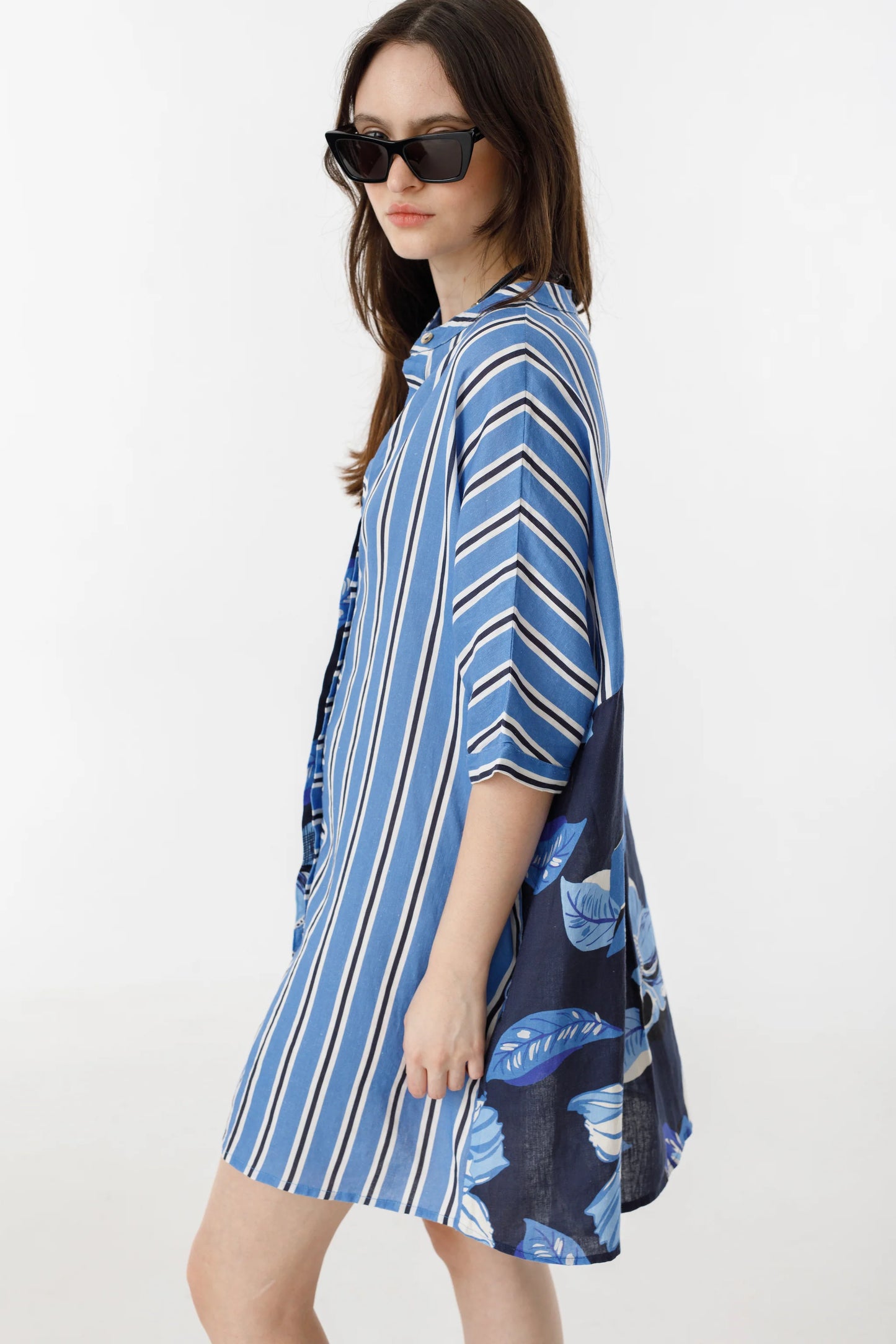 LIGHTHOUSE LINEN SHIRT DRESS - MIX BLUE IVY STRIPES AND NAVY HIBISCUS PRINT