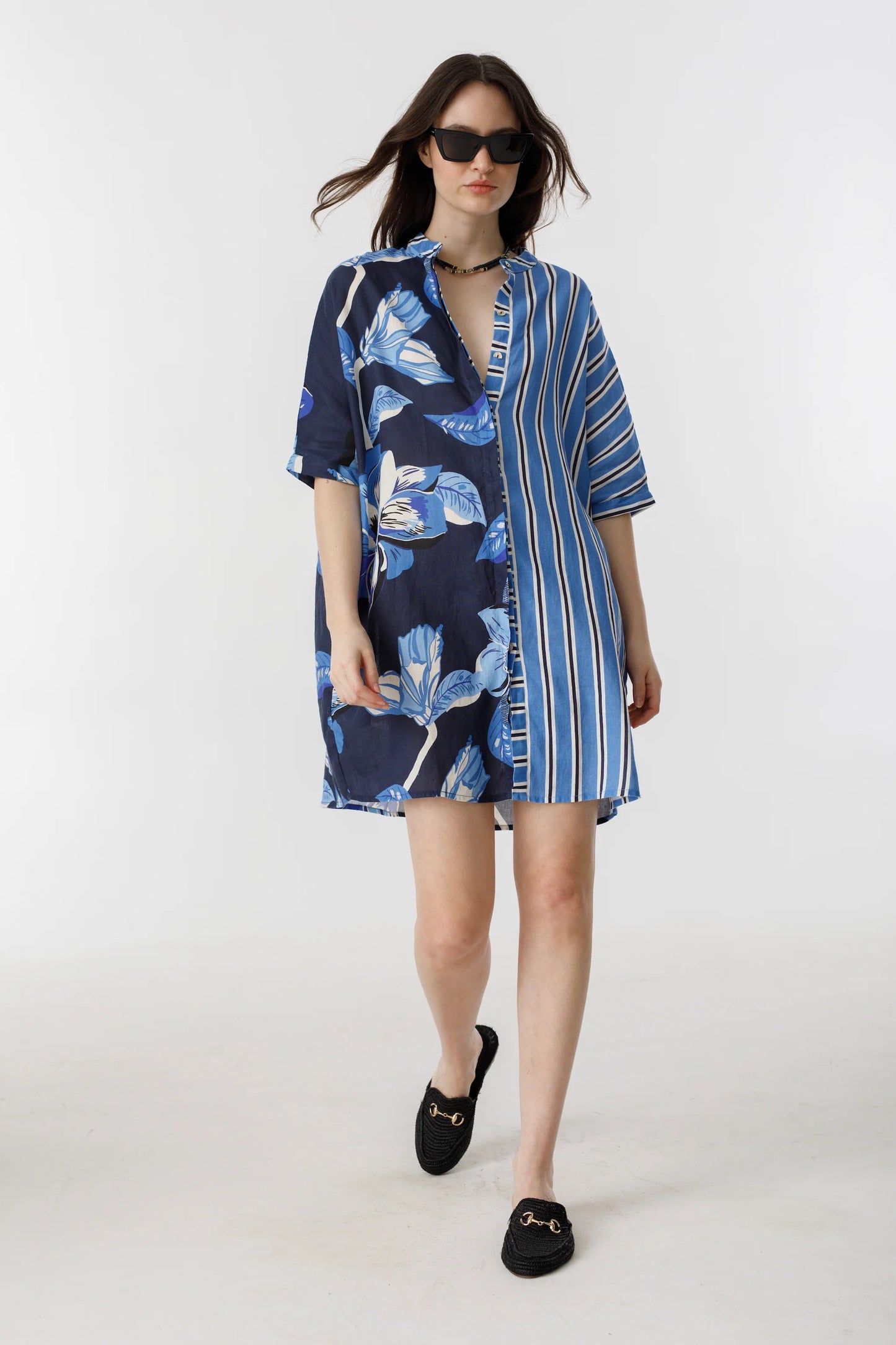 LIGHTHOUSE LINEN SHIRT DRESS - MIX BLUE IVY STRIPES AND NAVY HIBISCUS PRINT